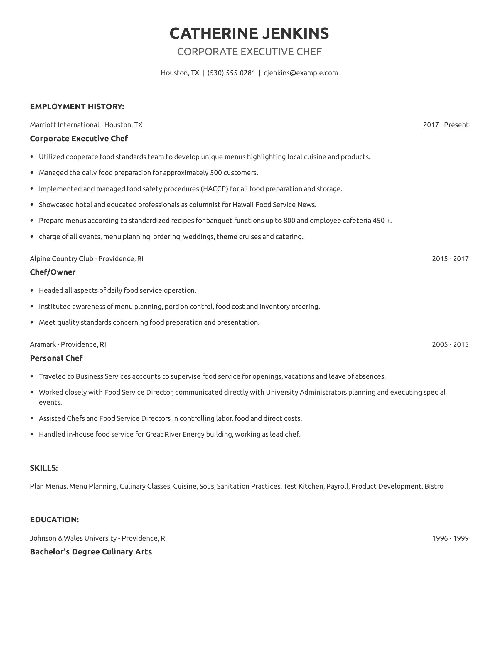 Corporate Executive Chef resume example