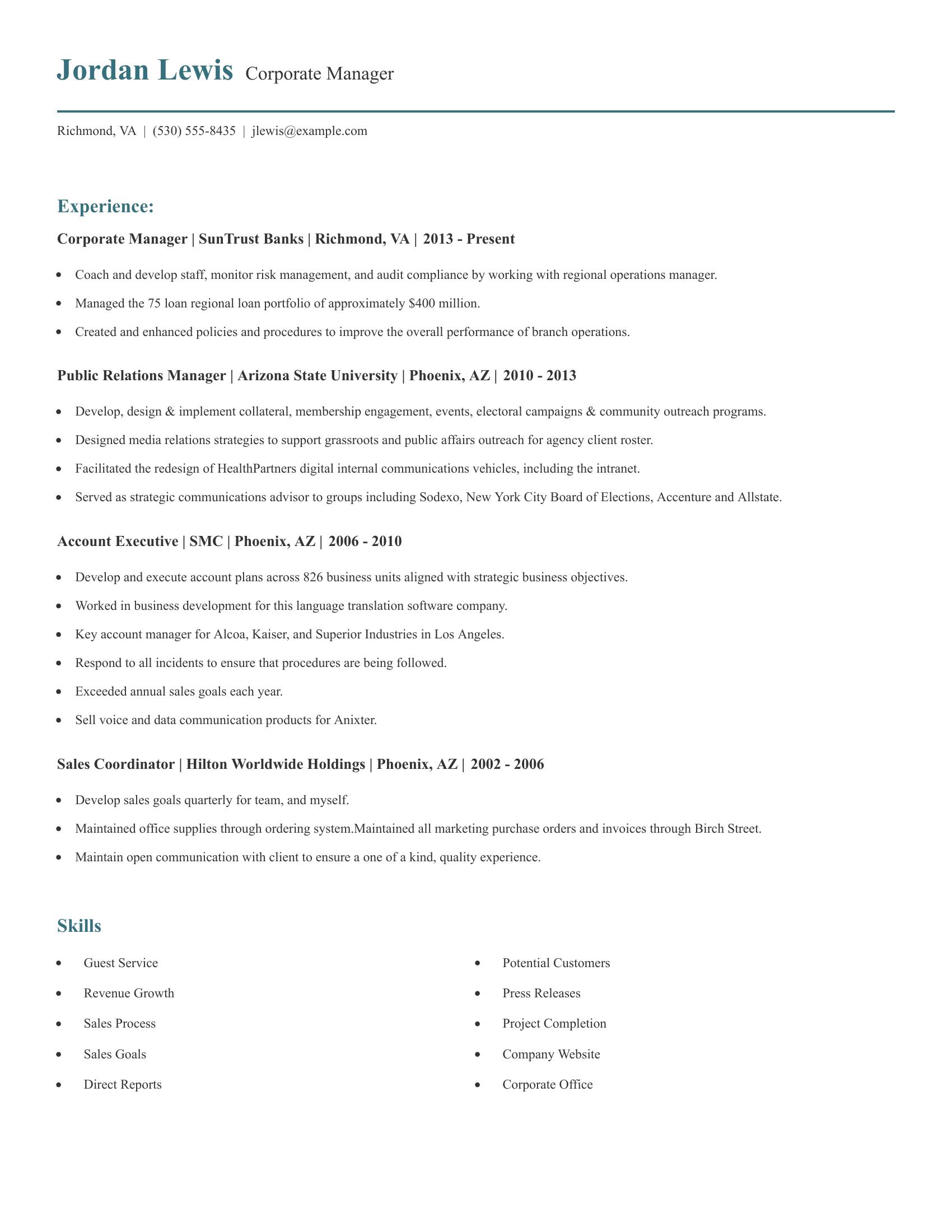 Corporate Manager resume example