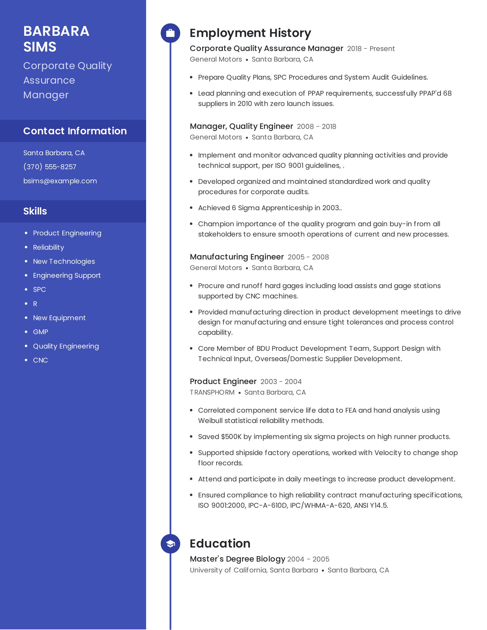 Corporate Quality Assurance Manager resume example