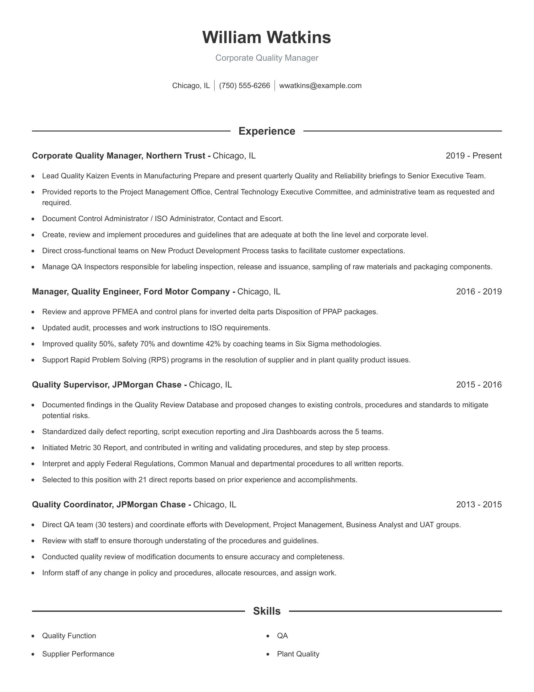 Corporate Quality Manager resume example