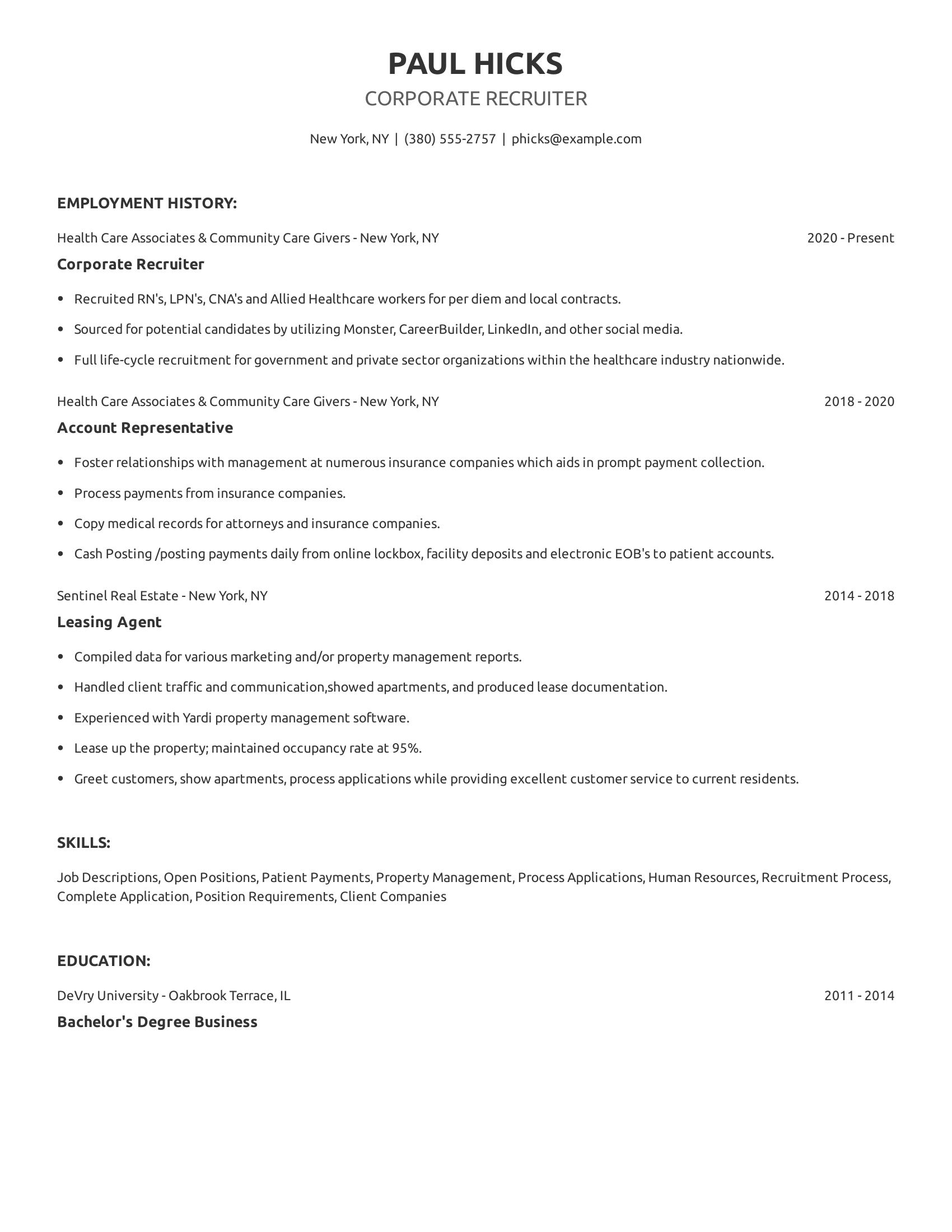 Corporate Recruiter resume example