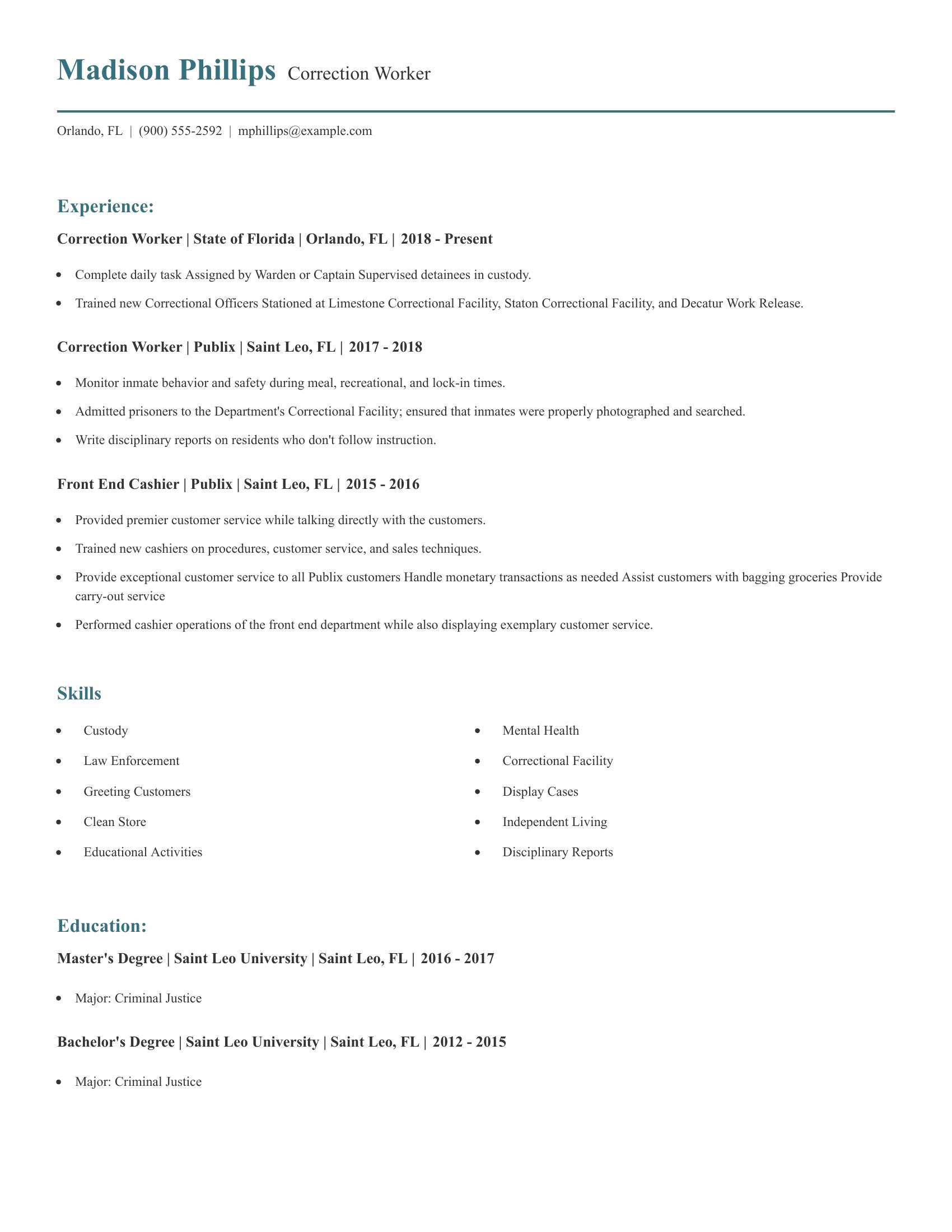 Correction Worker resume example