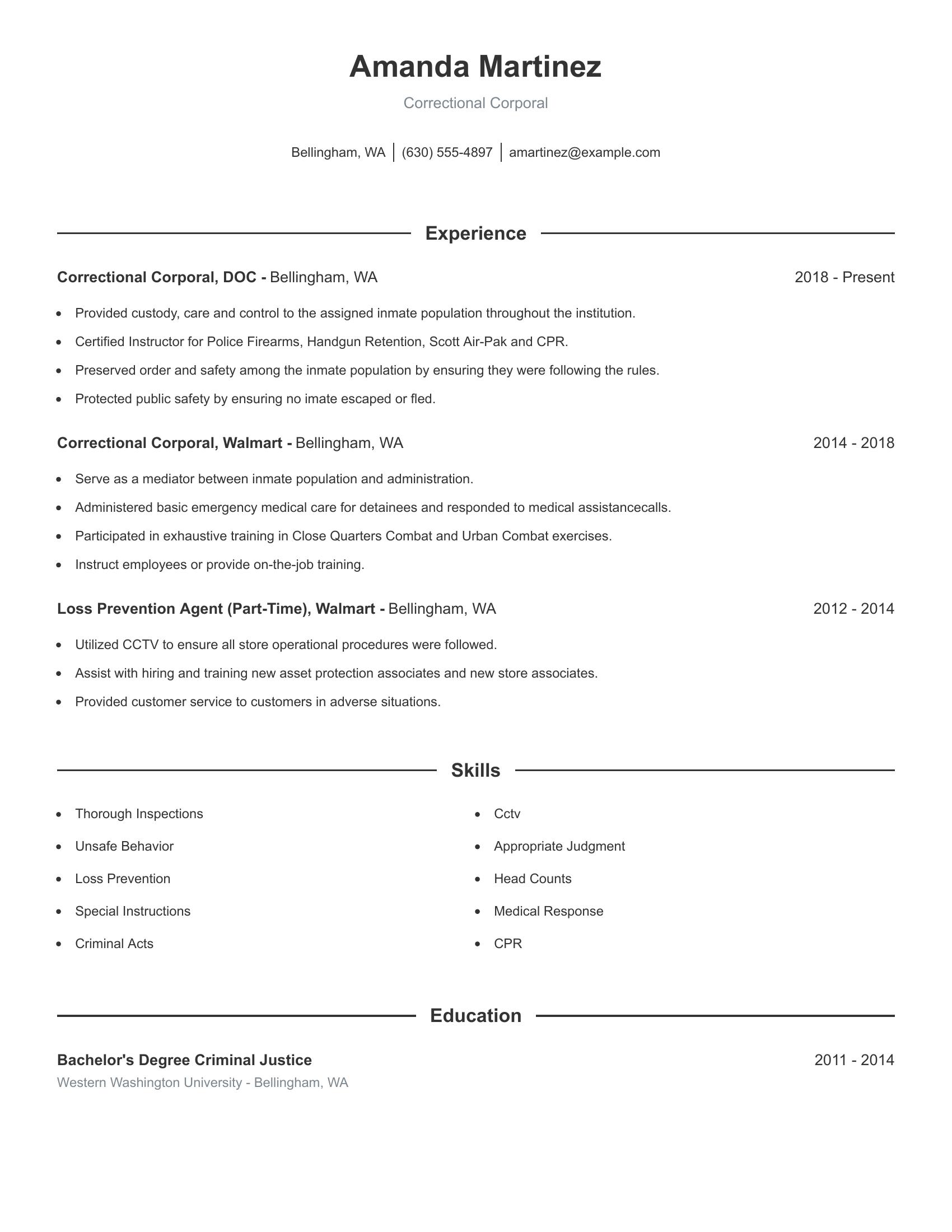 Correctional Corporal resume example