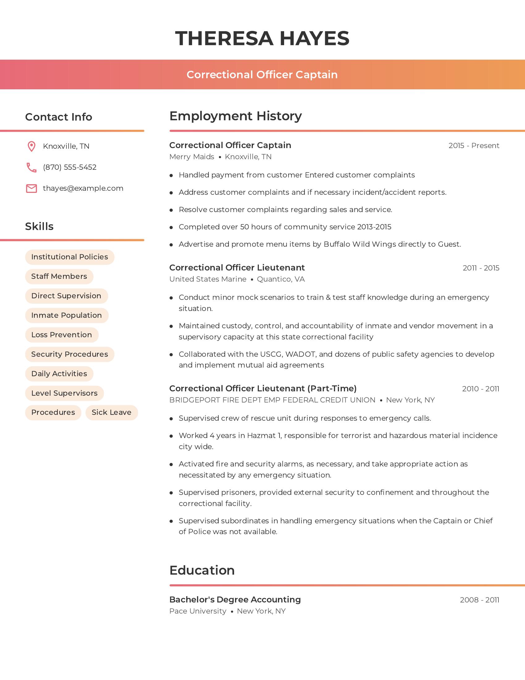 Correctional Officer Captain resume example