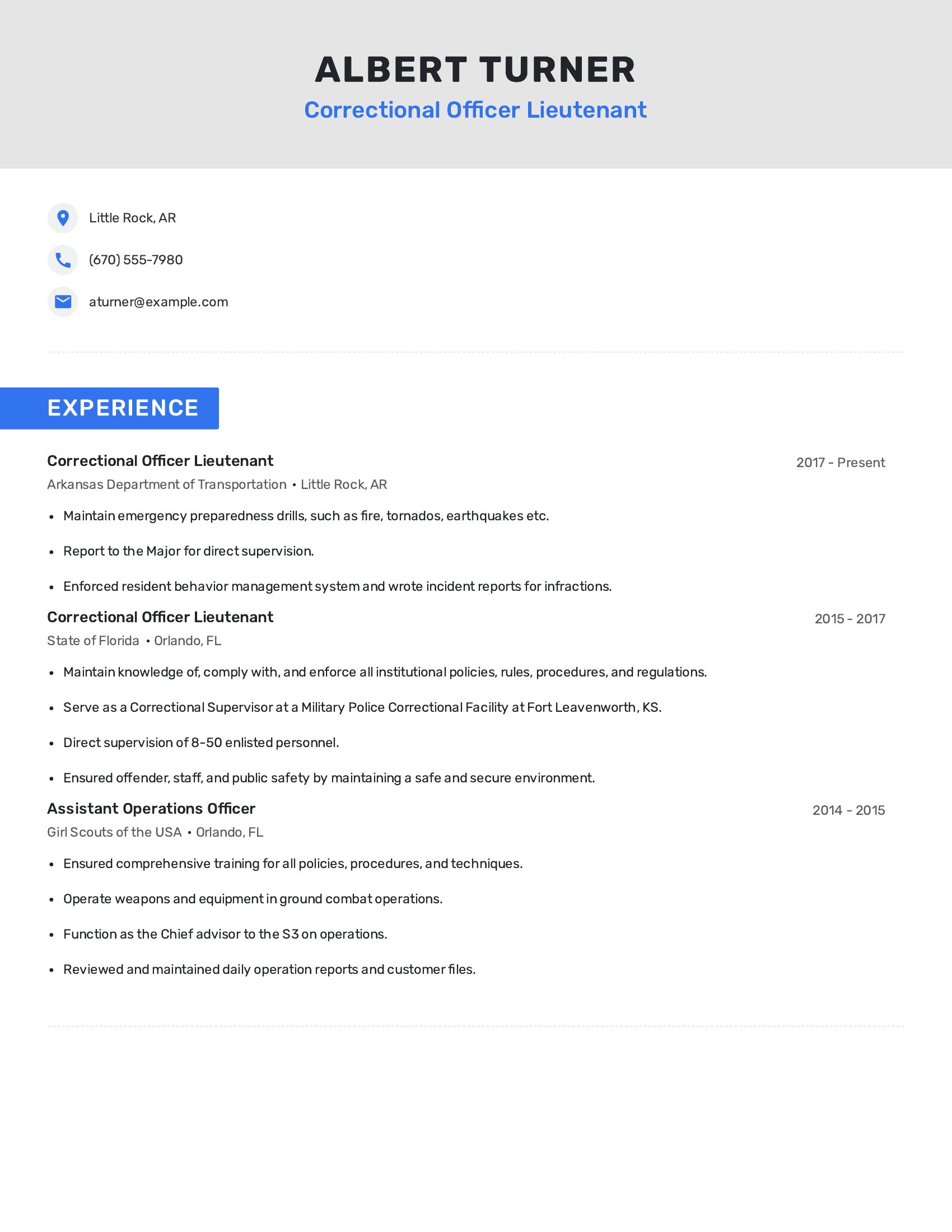 Correctional Officer Lieutenant resume example