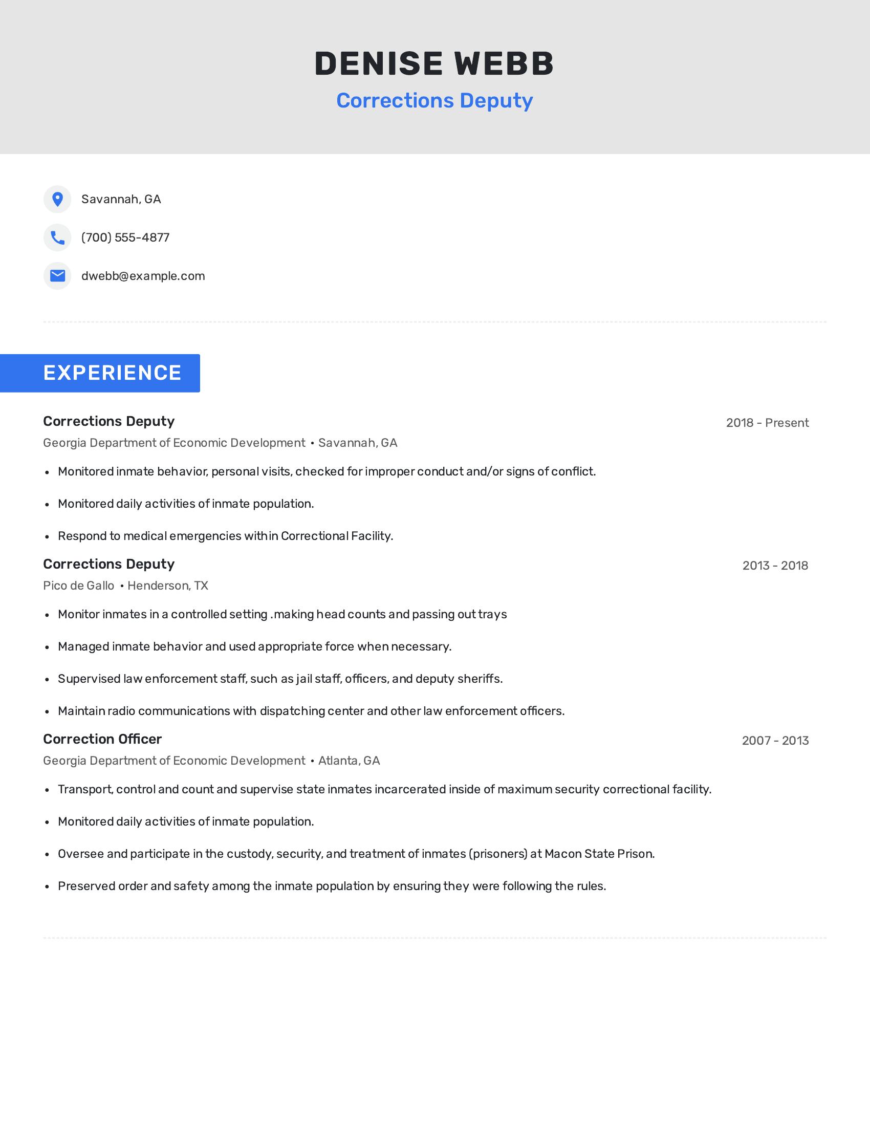 Corrections Deputy resume example