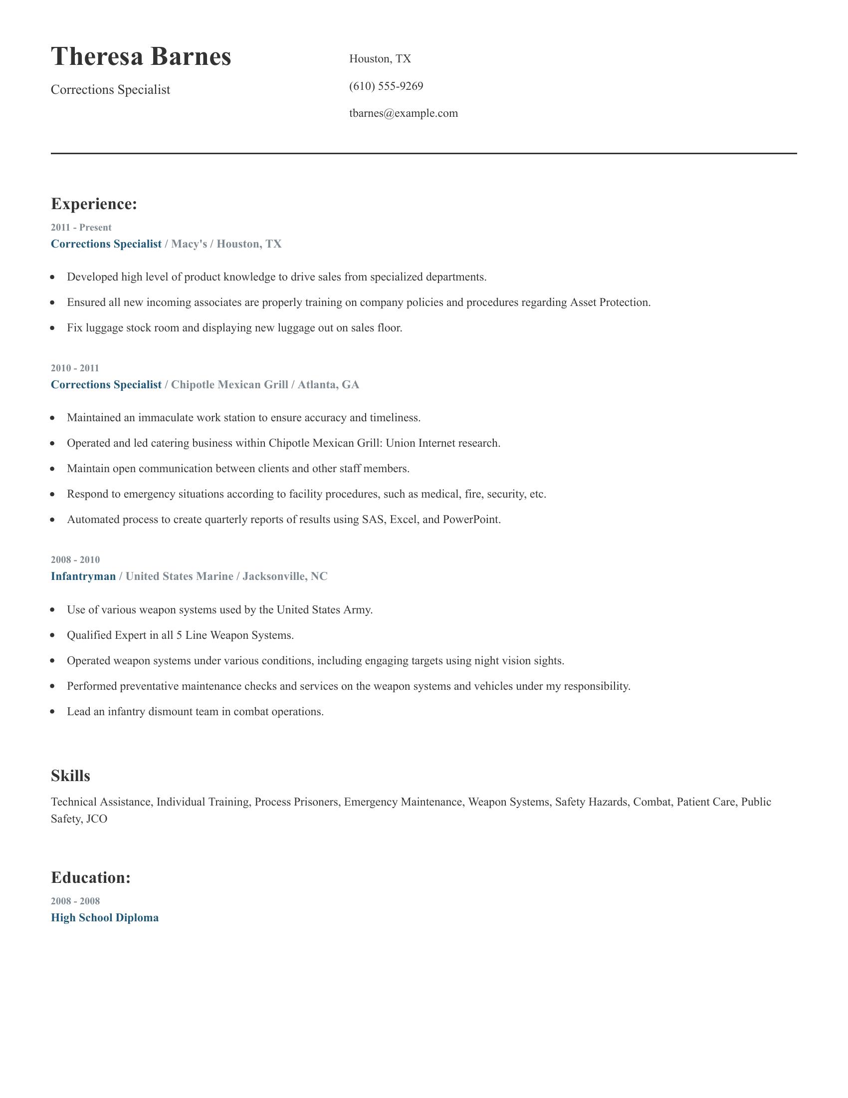 Corrections Specialist resume example