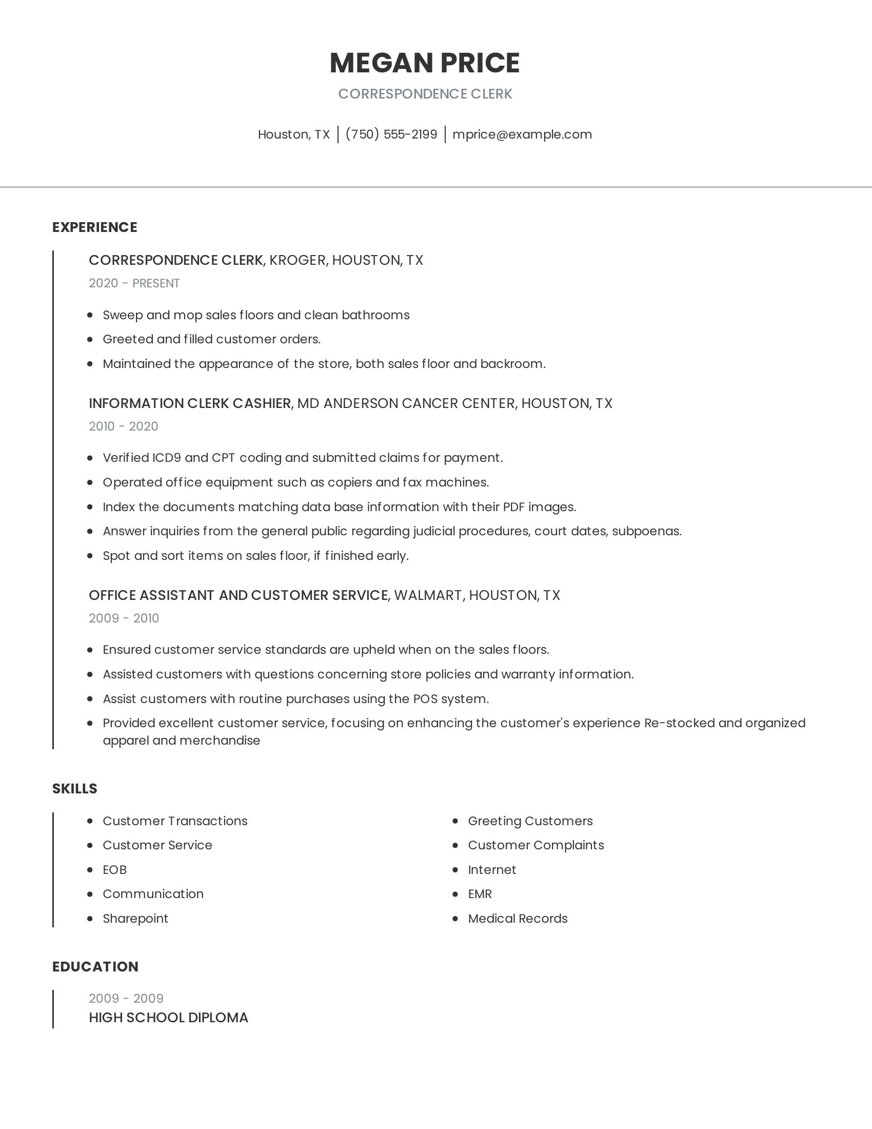 Correspondence Clerk resume example