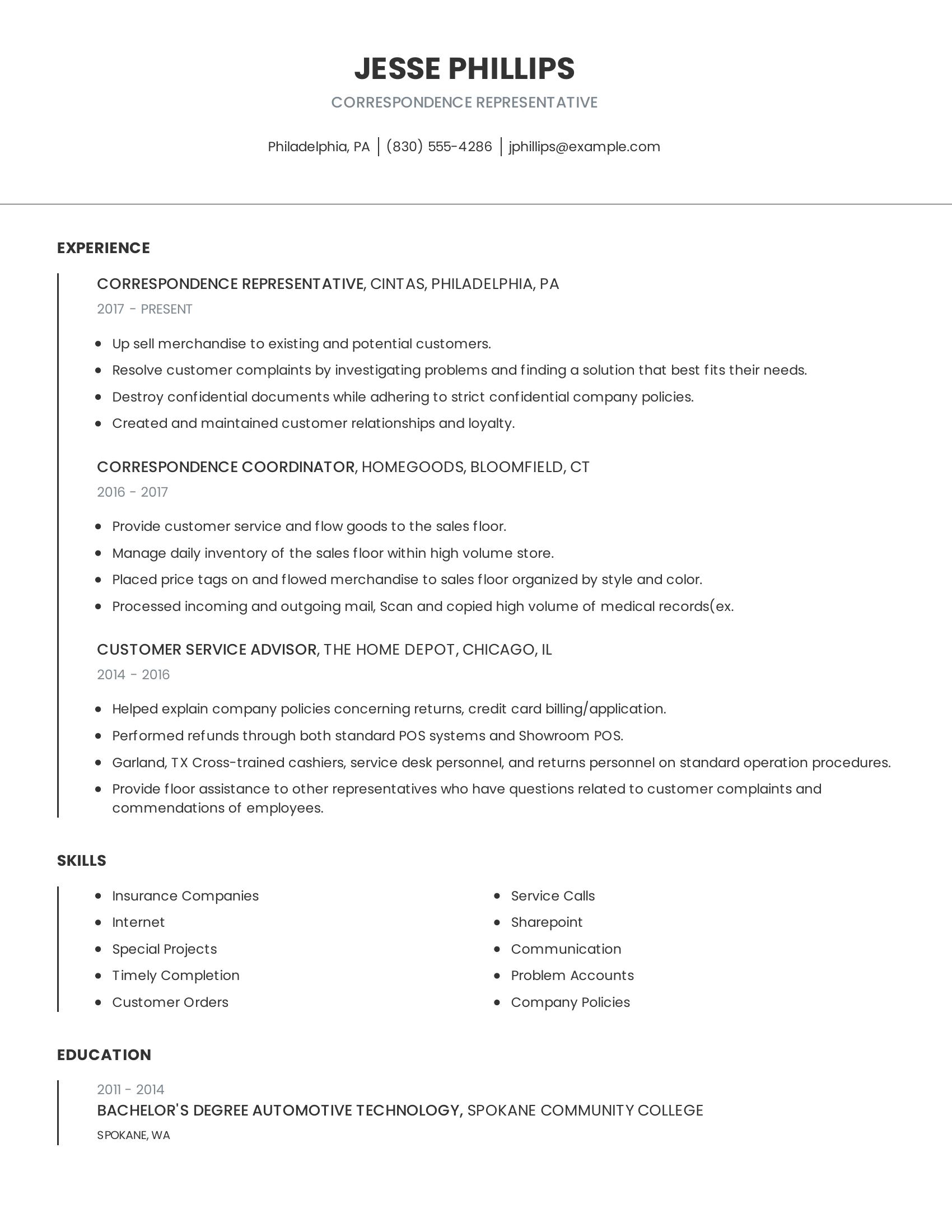 Correspondence Representative resume example