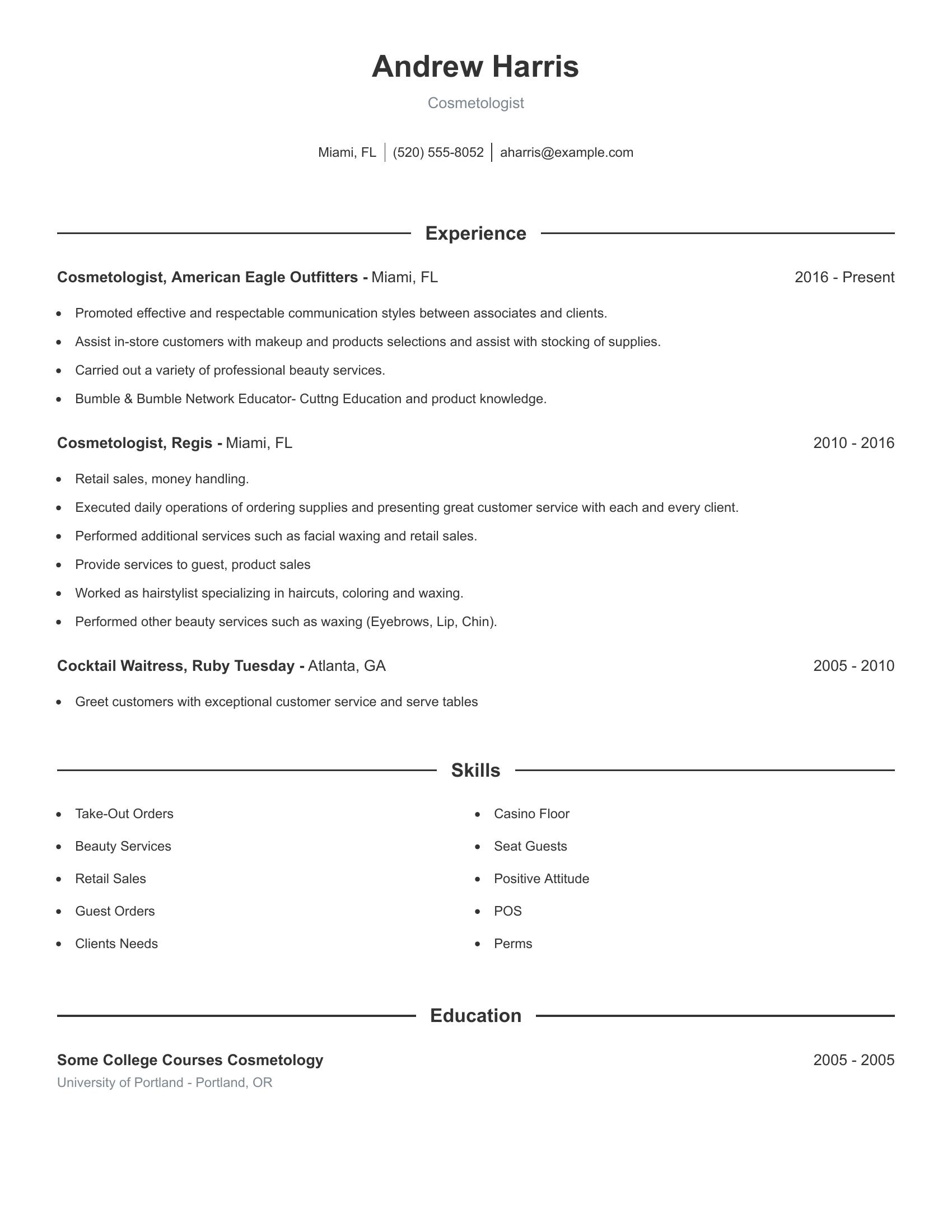 Cosmetologist resume example