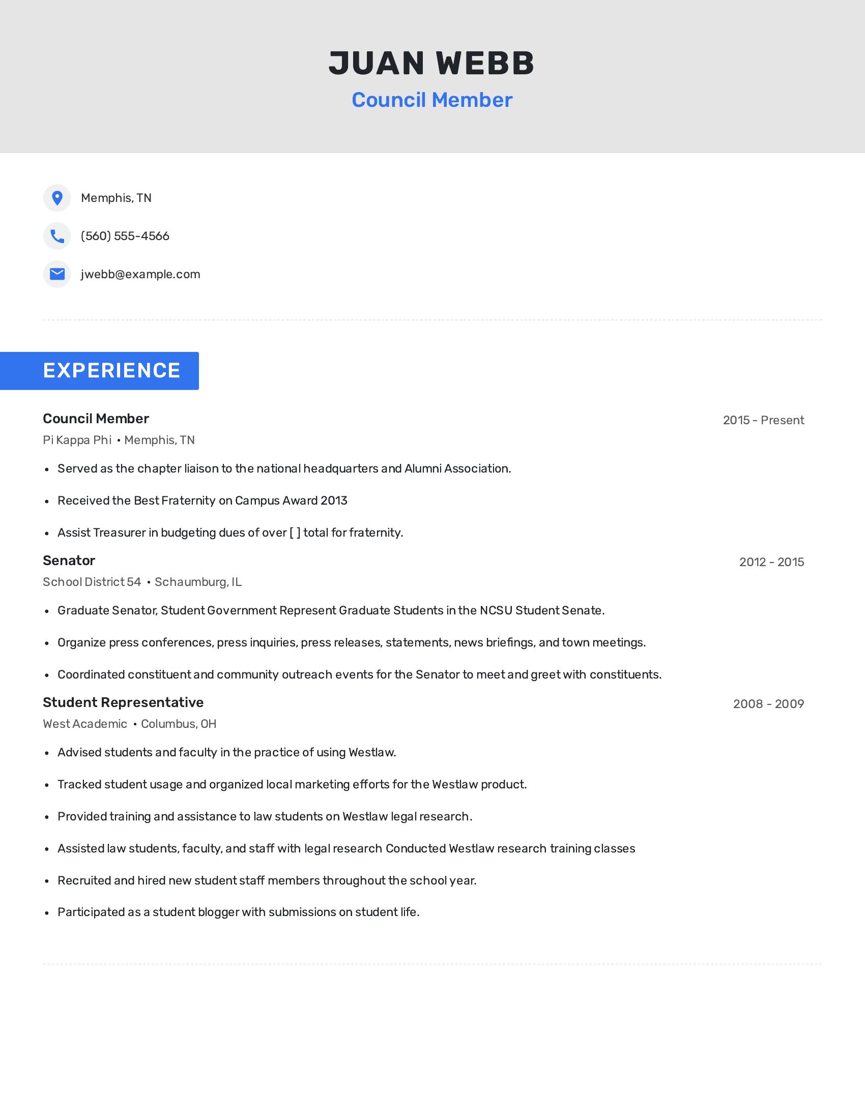 Council Member resume example