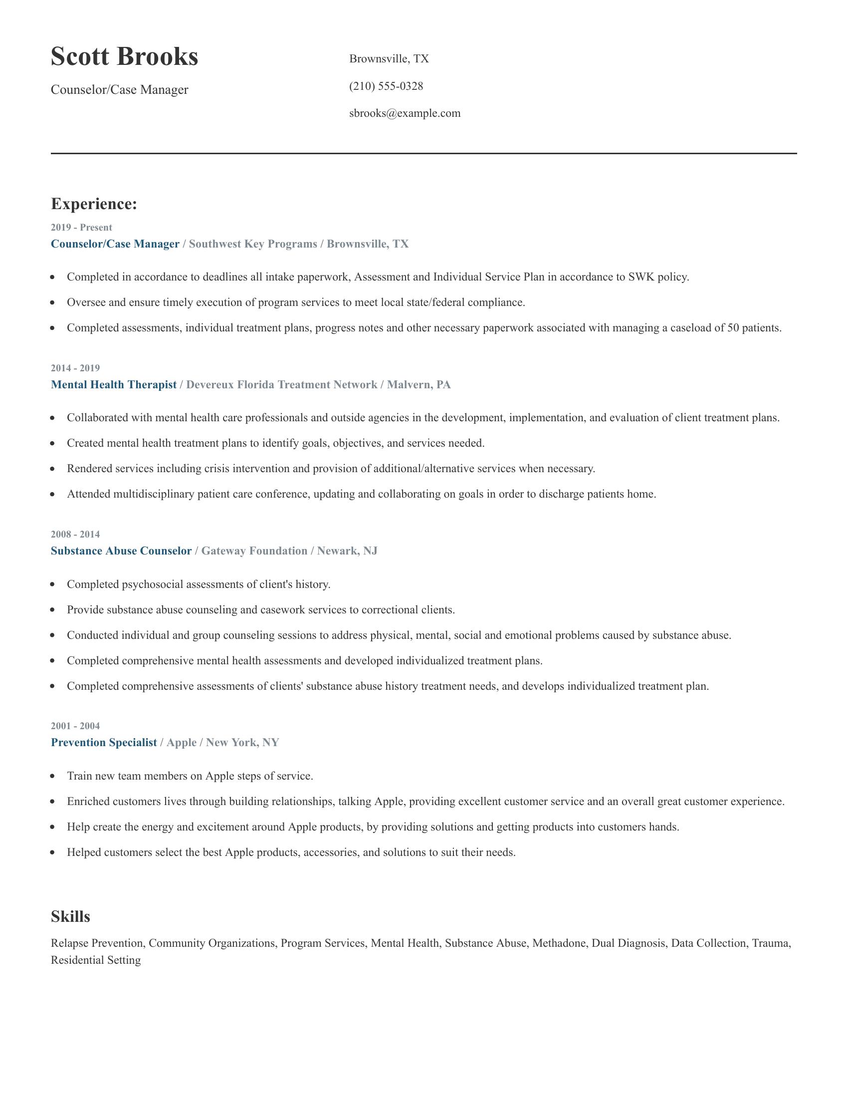 Counselor/Case Manager resume example