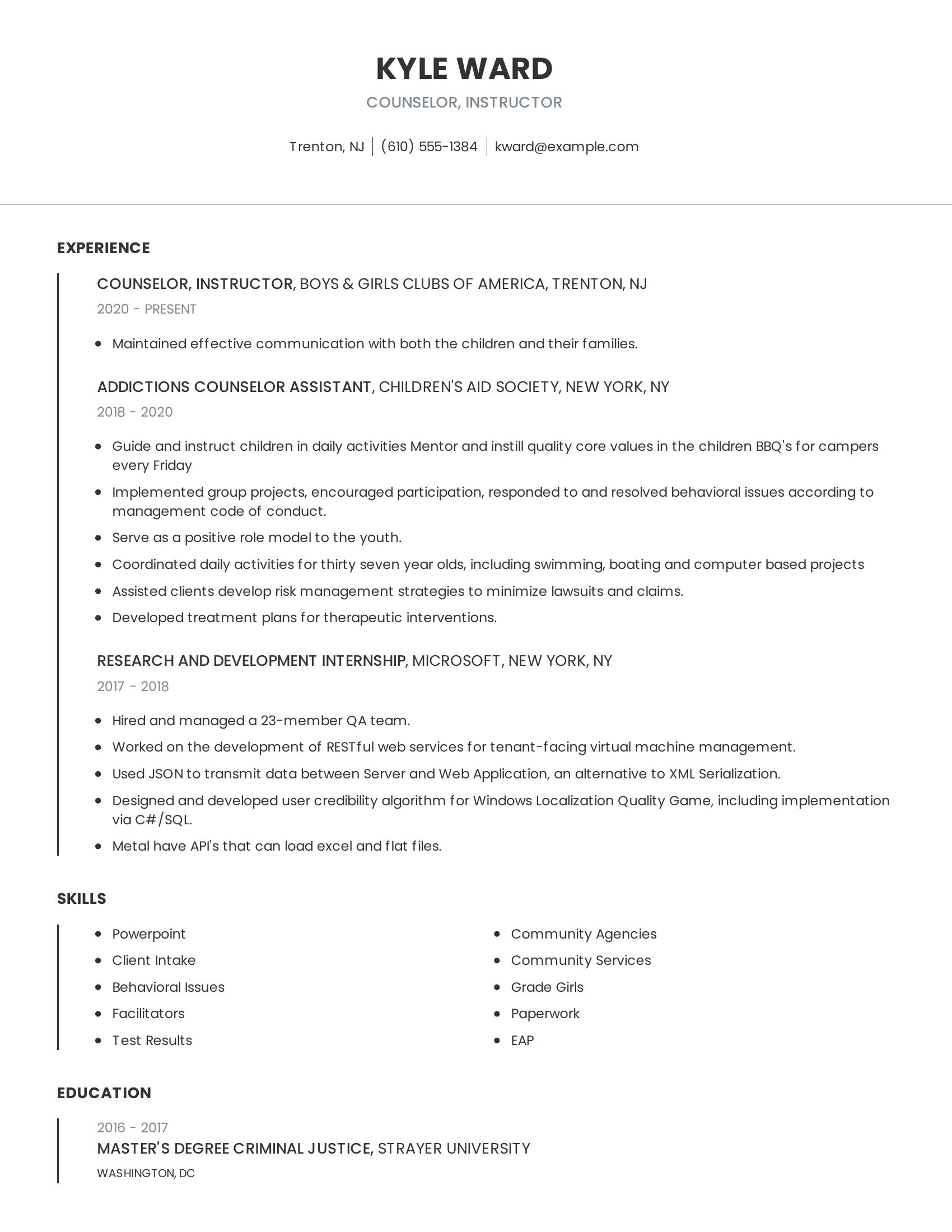 Counselor, Instructor resume example