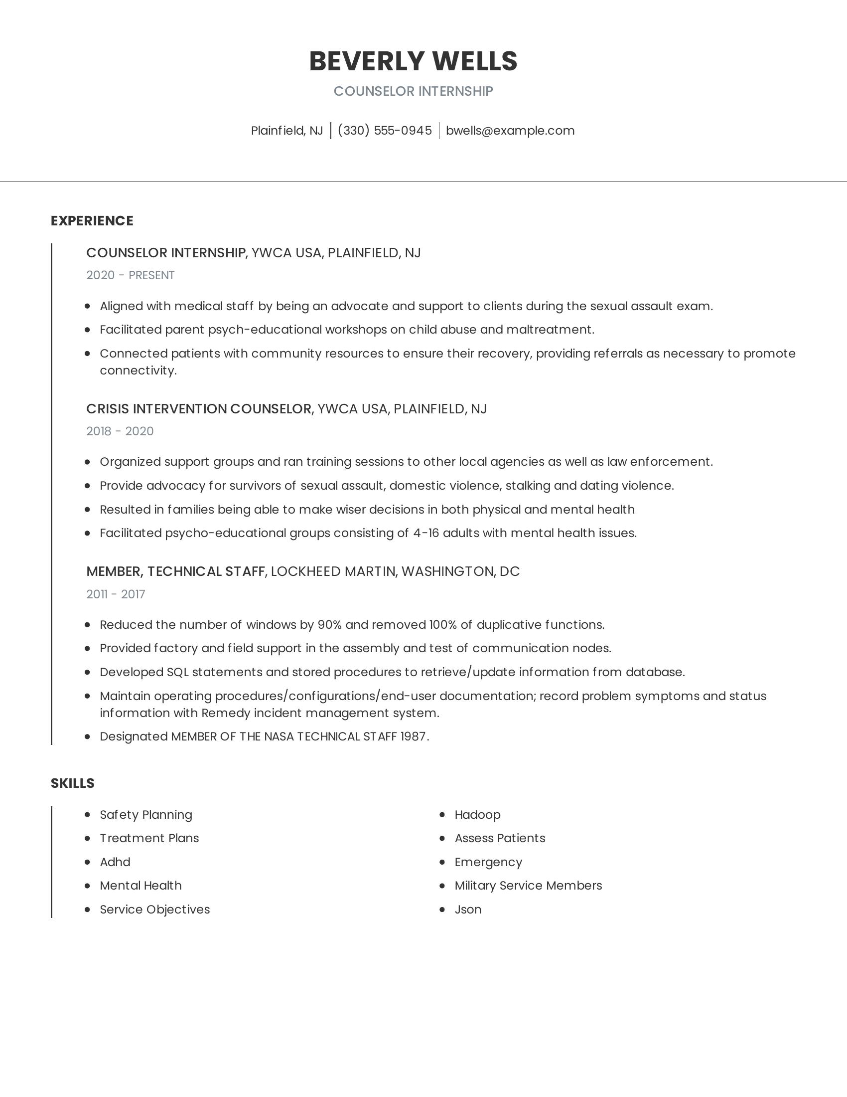 Counselor Internship resume example