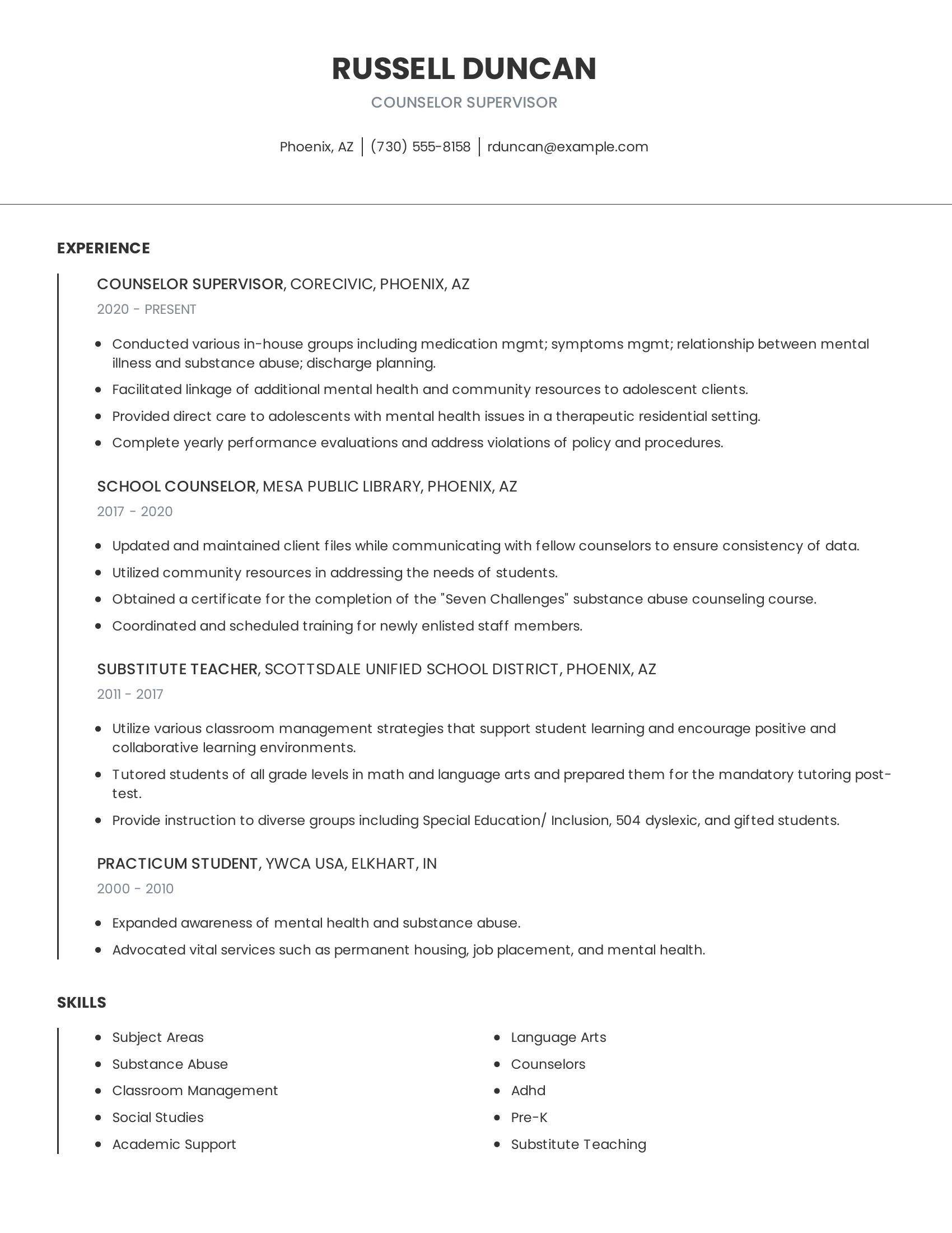 Counselor Supervisor resume example