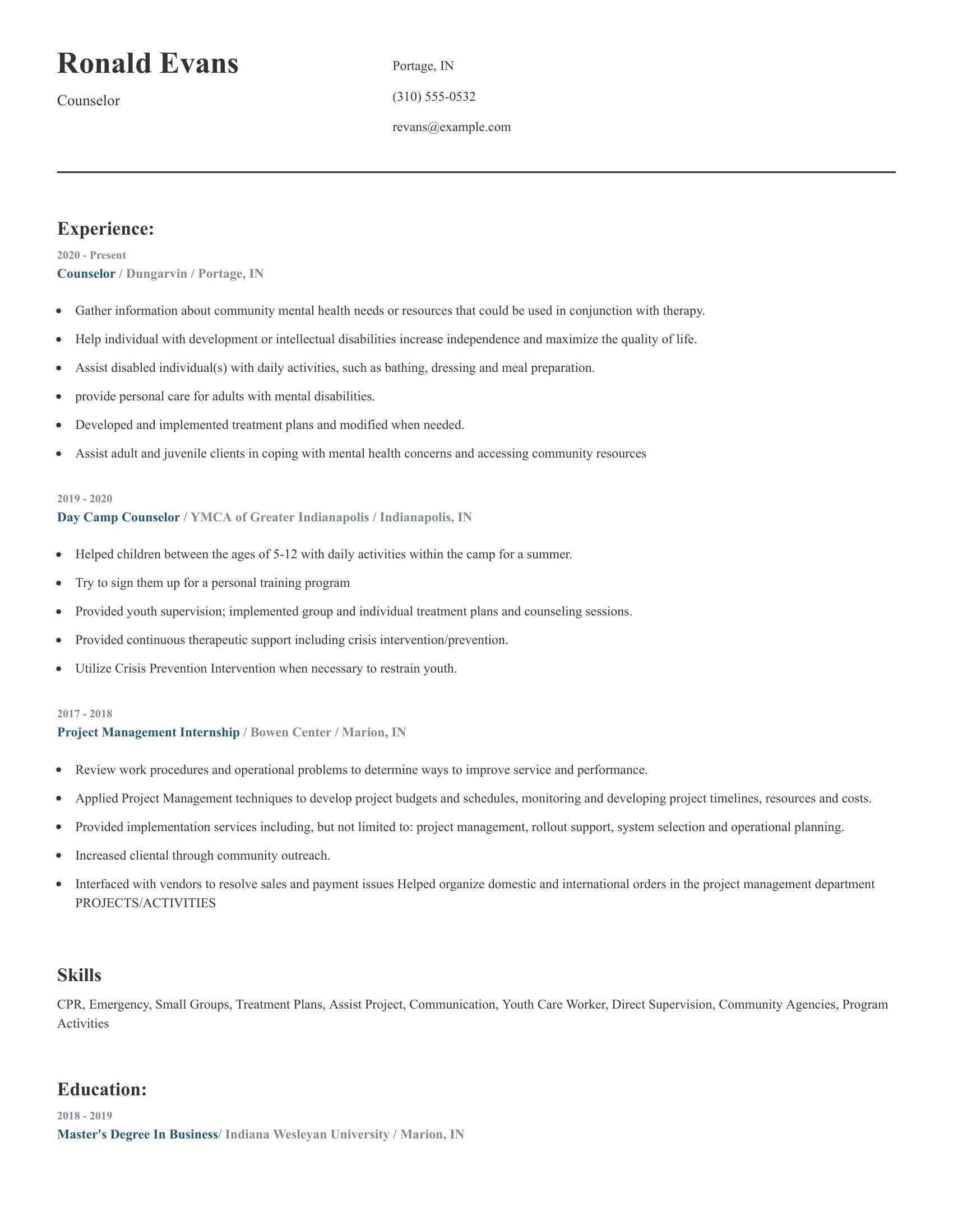 Counselor resume example