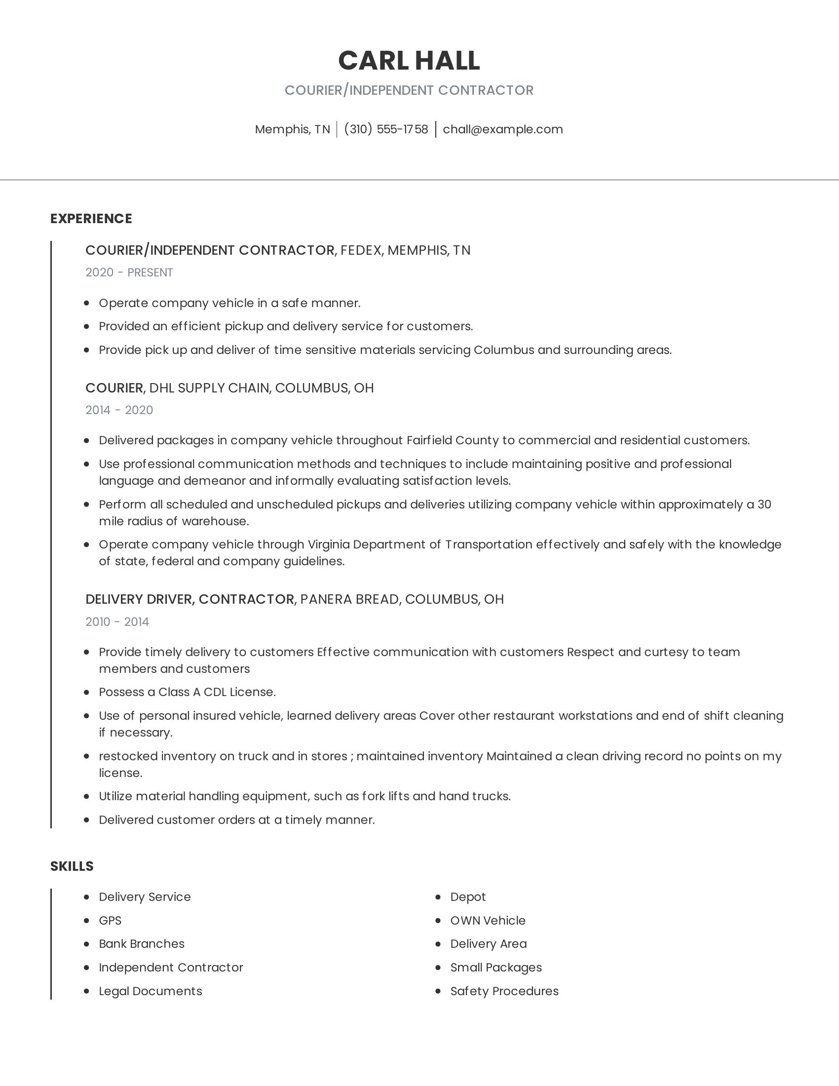 Courier/Independent Contractor resume example