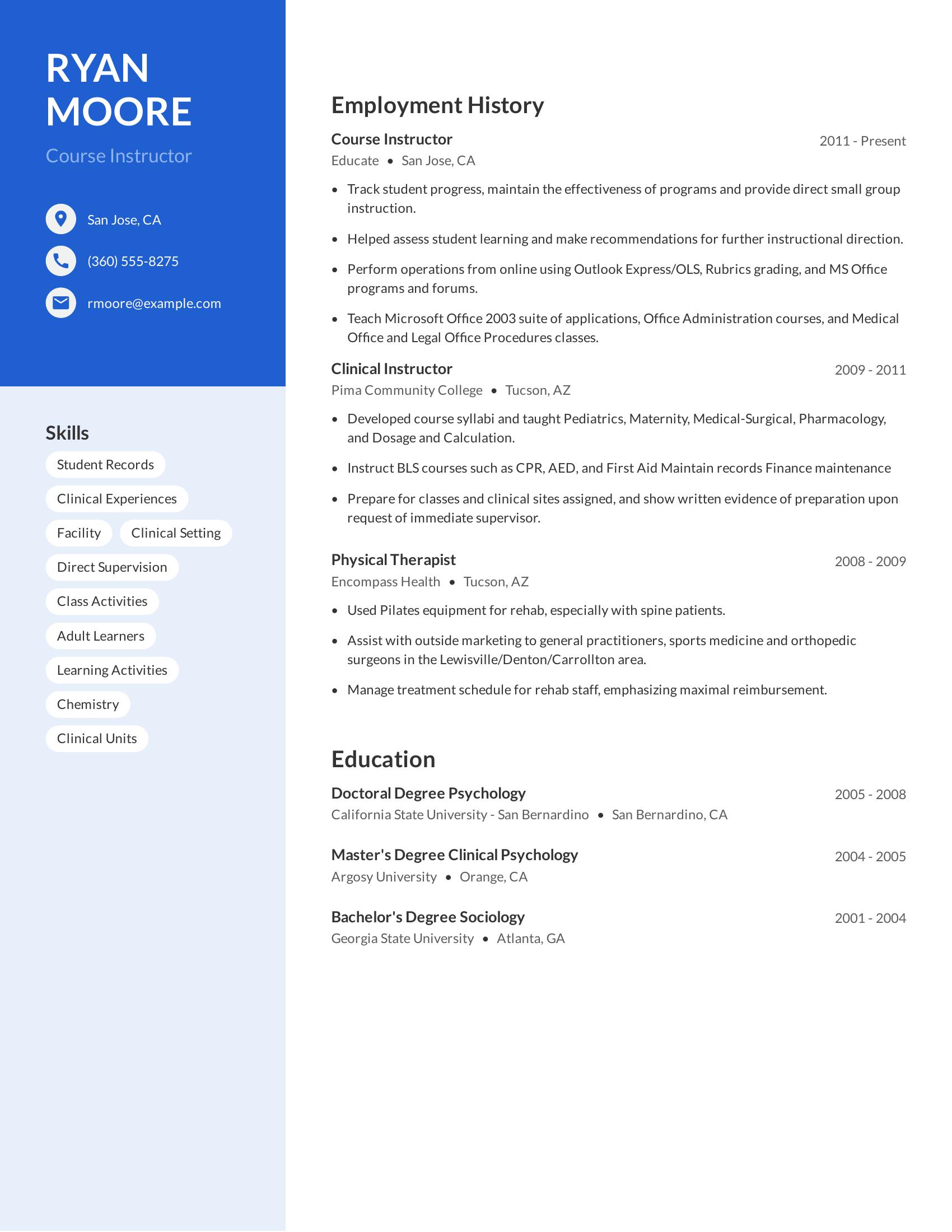 Course Instructor resume example