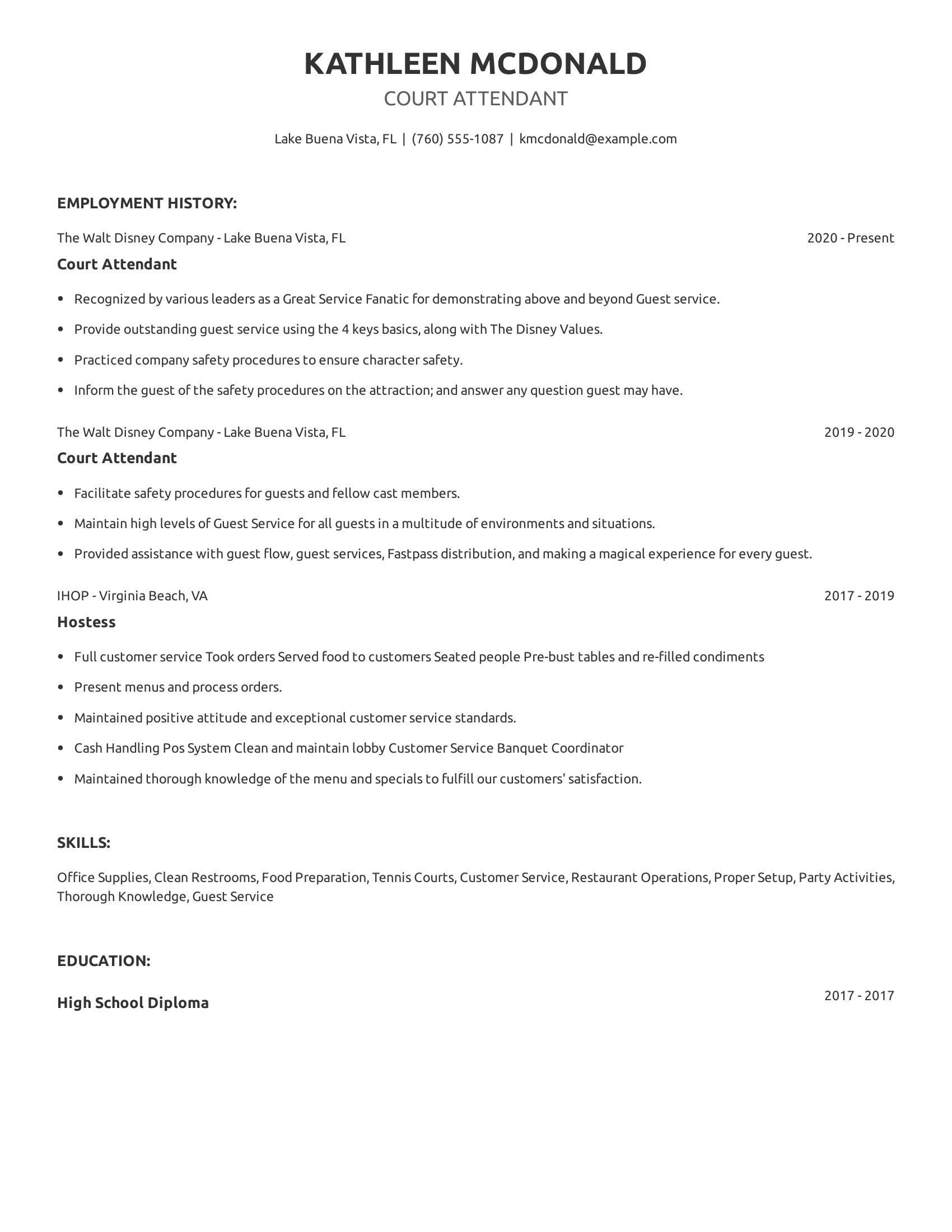 Court Attendant resume example