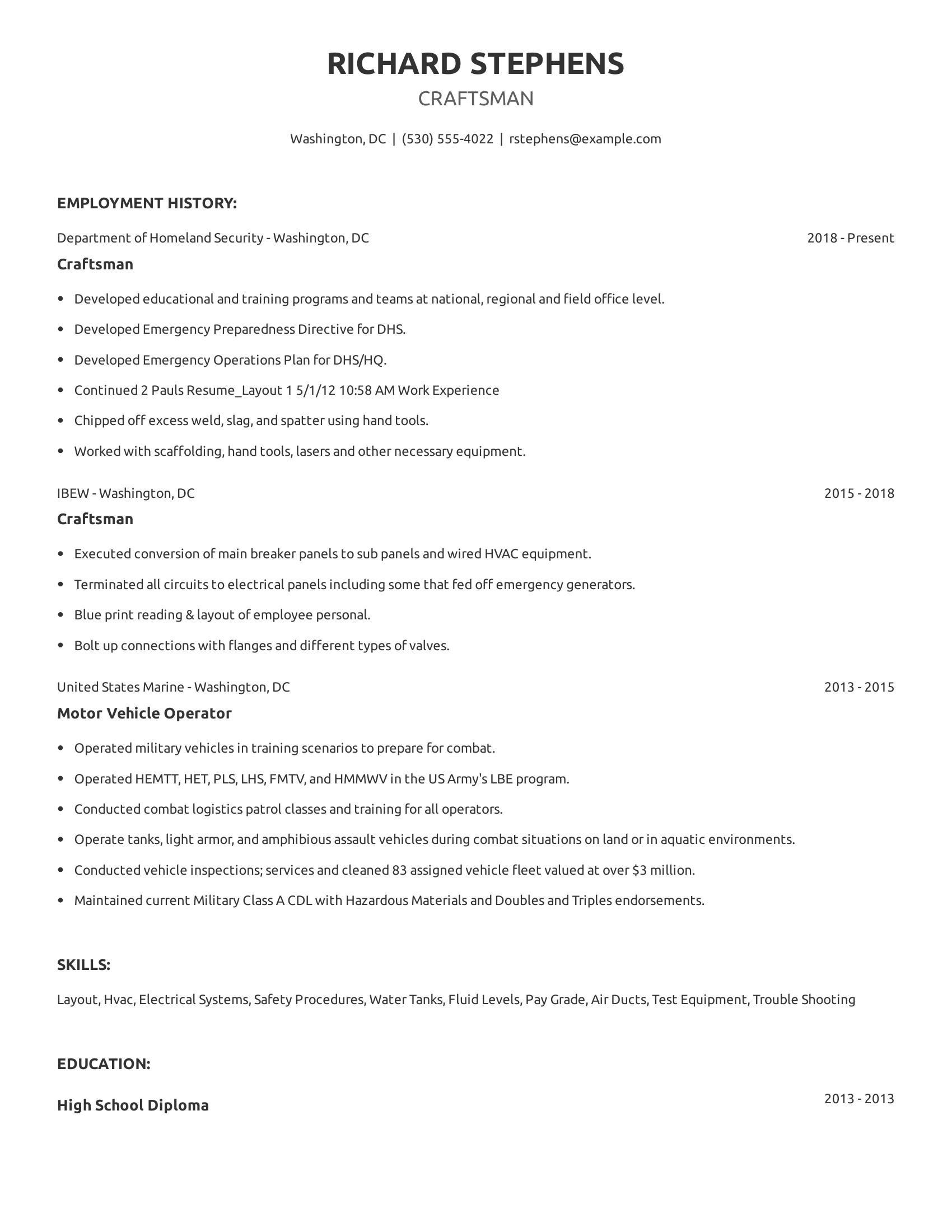 Craftsman resume example