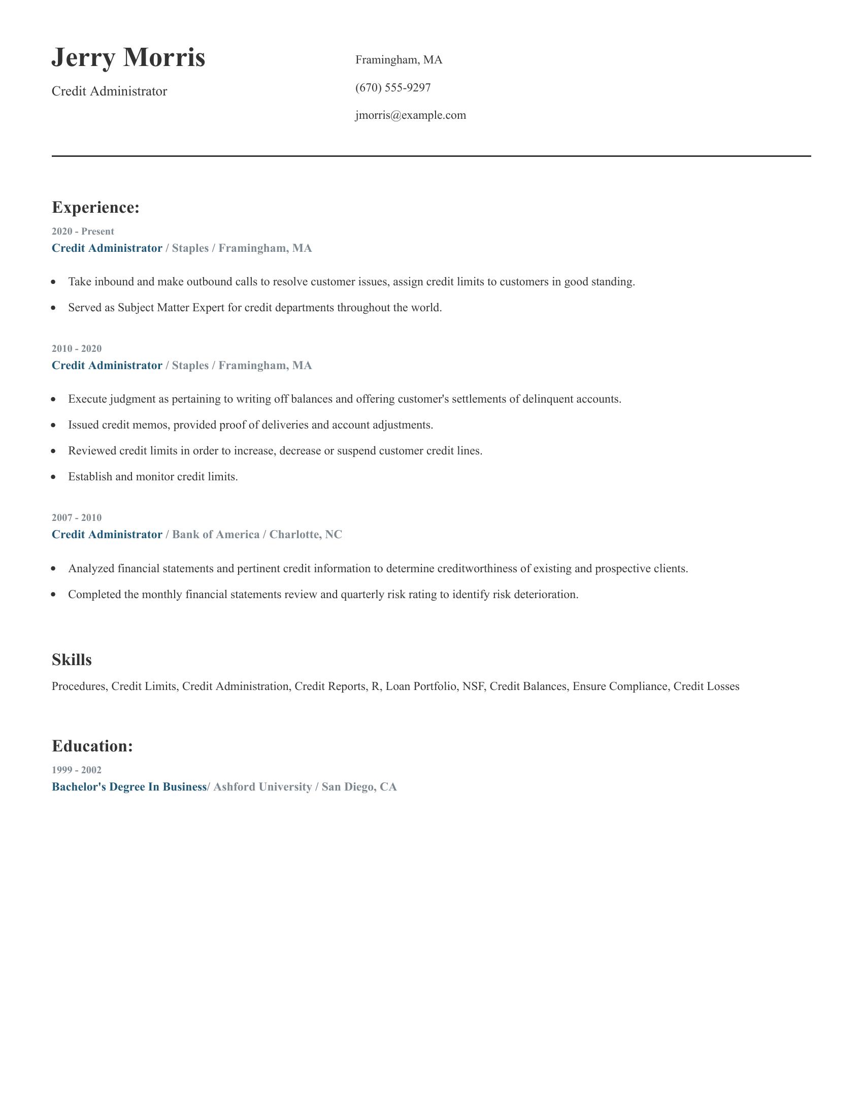 Credit Administrator resume example