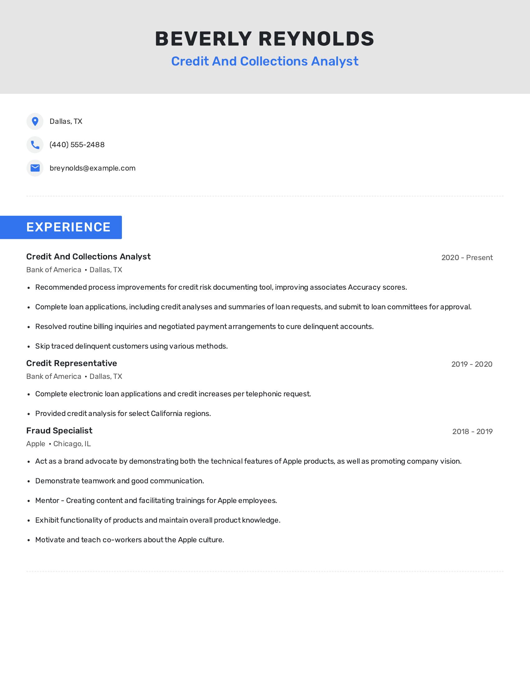 Credit And Collections Analyst resume example
