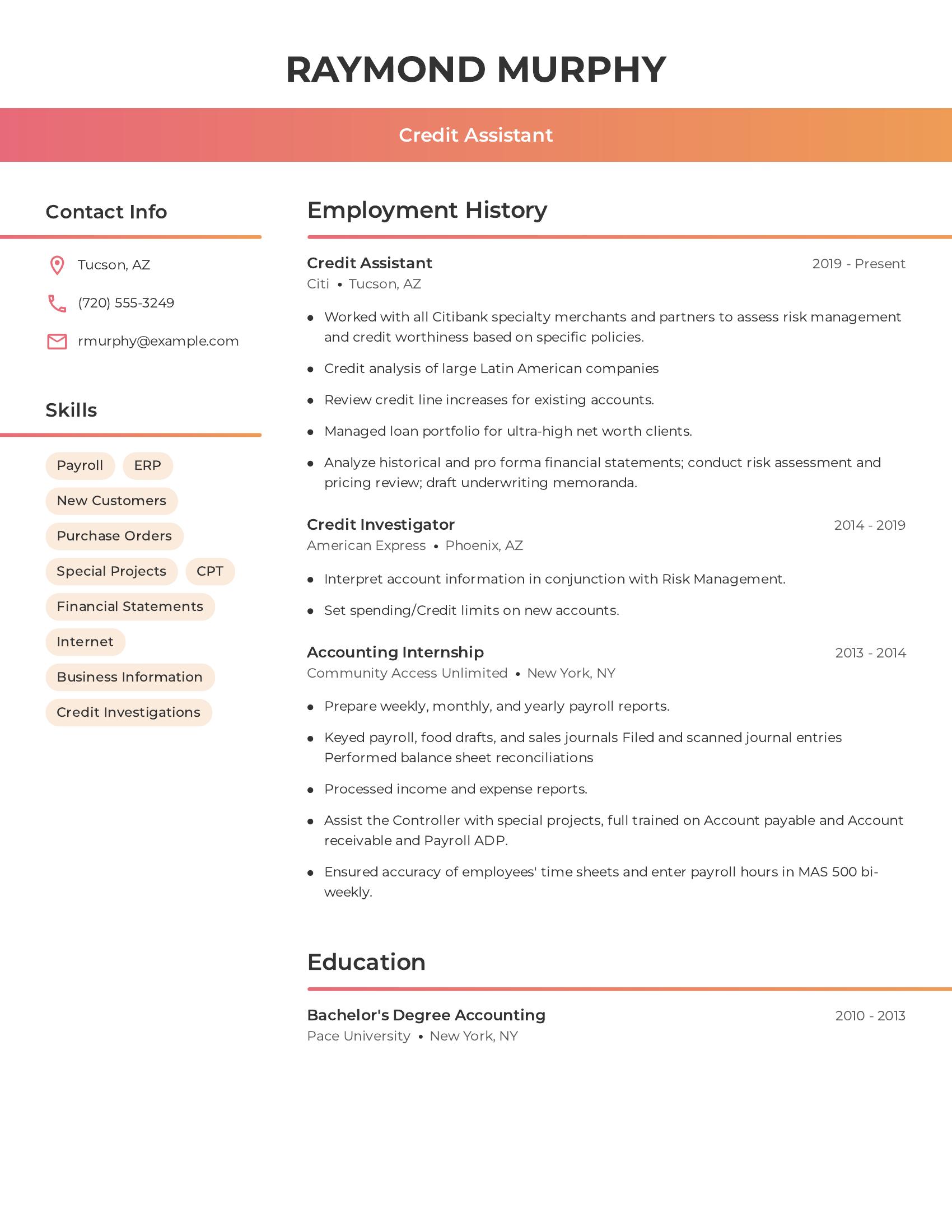 Credit Assistant resume example