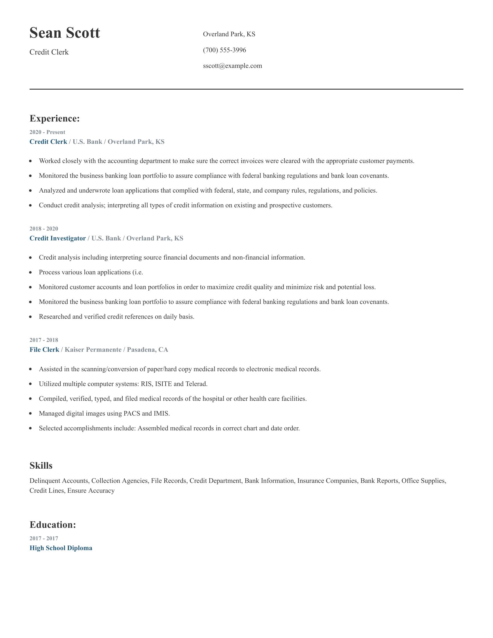 Credit Clerk resume example