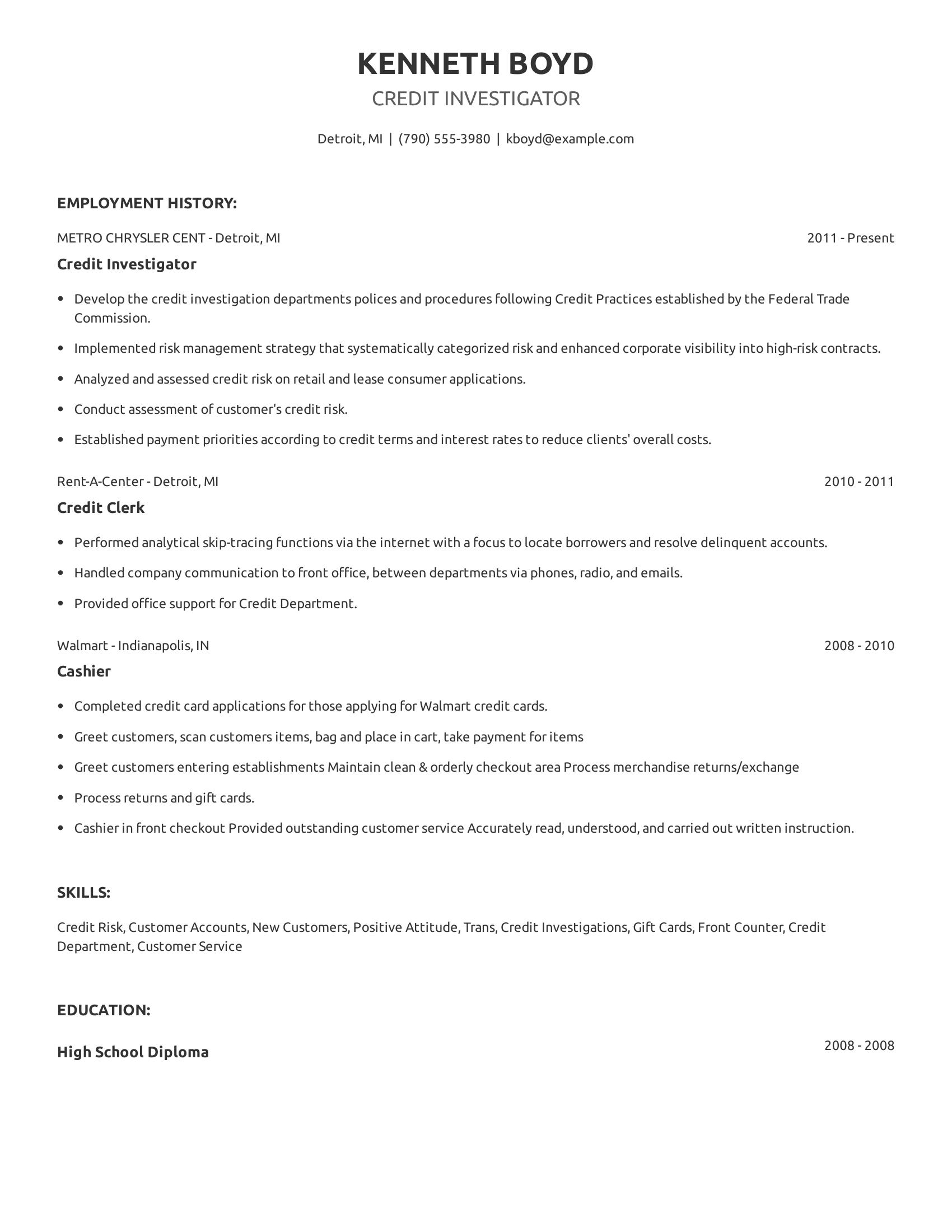 Credit Investigator resume example