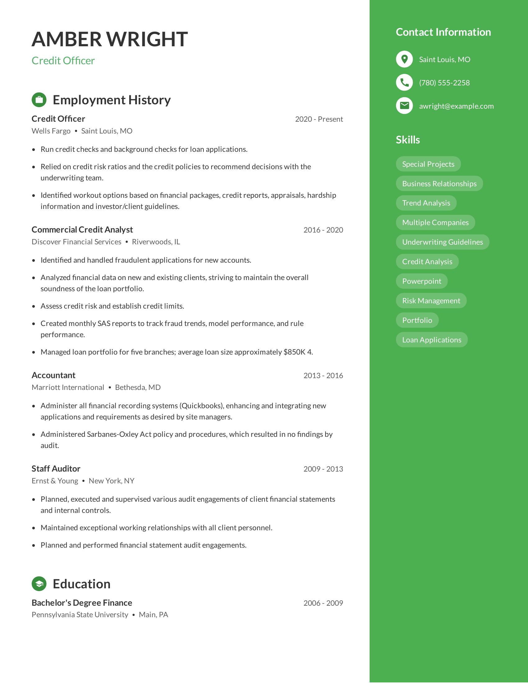 Credit Officer resume example