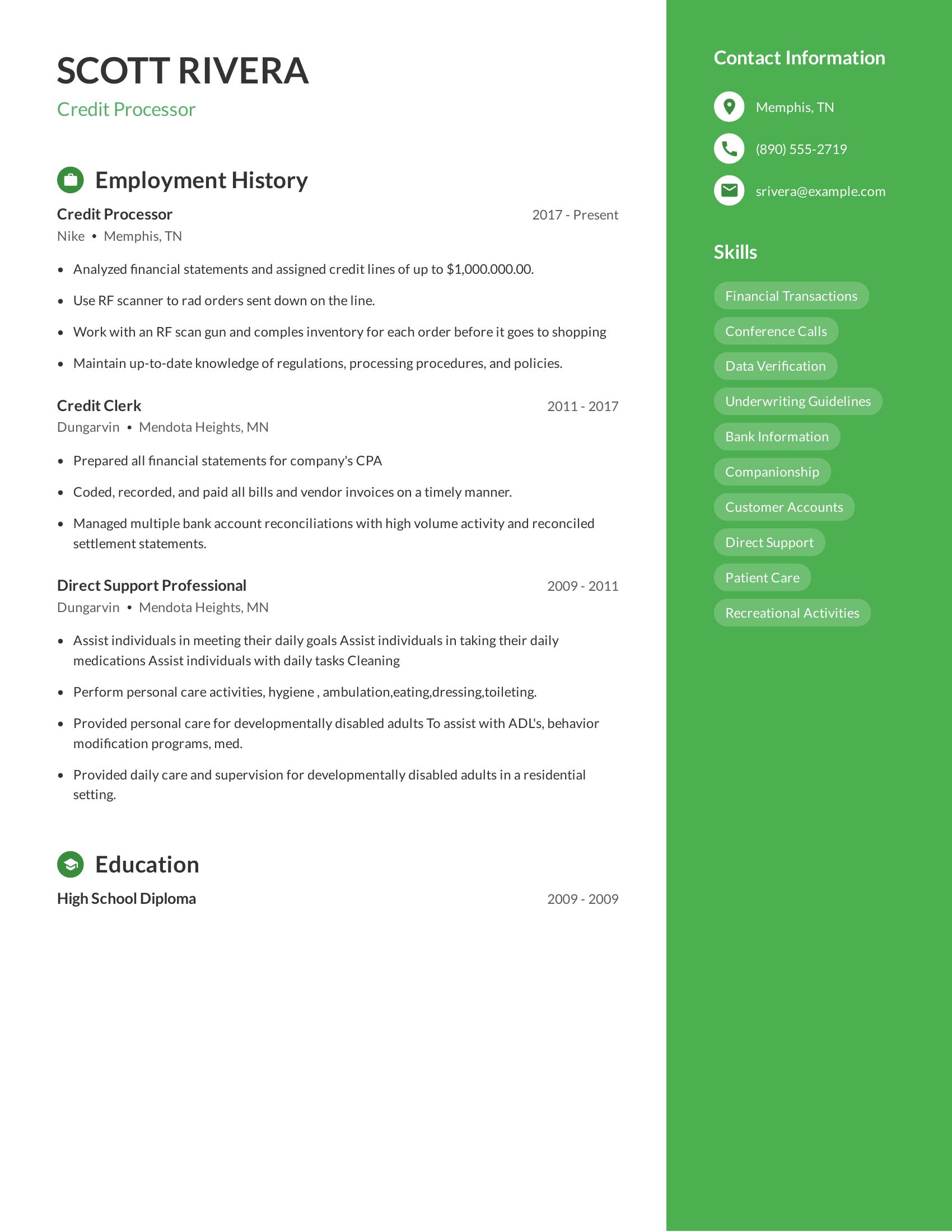Credit Processor resume example