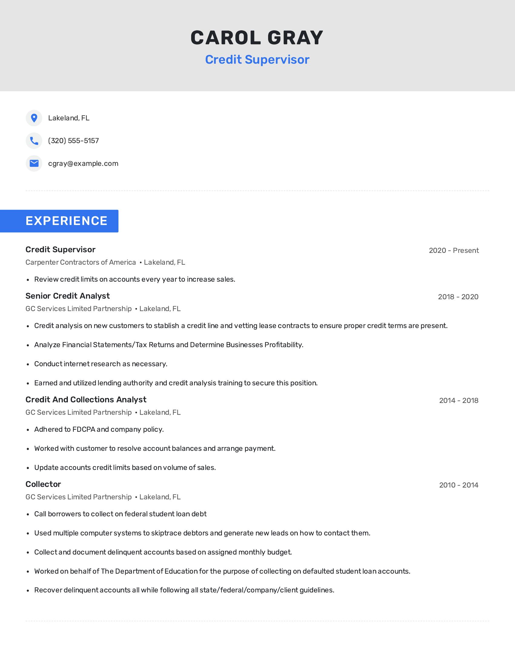 Credit Supervisor resume example