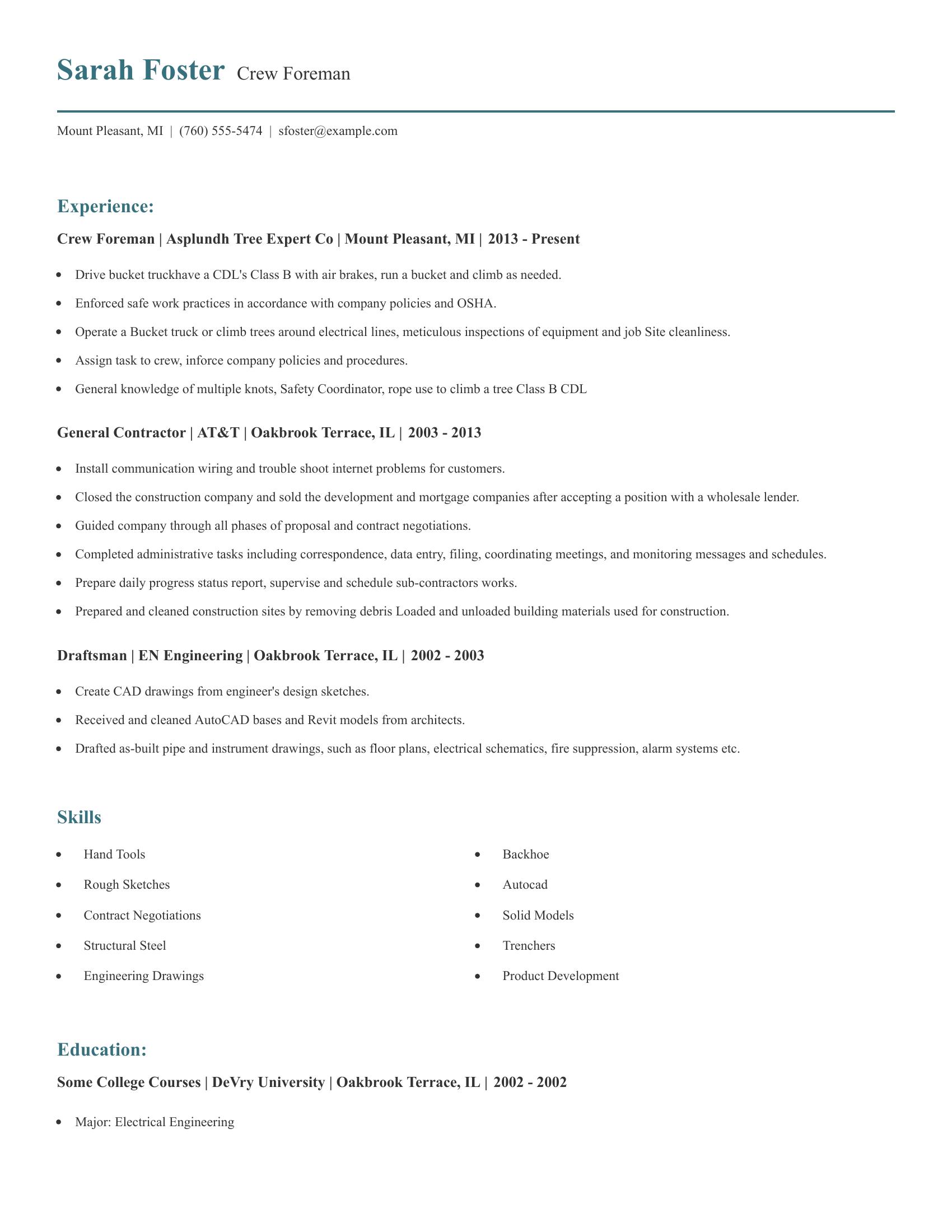 Crew Foreman resume example