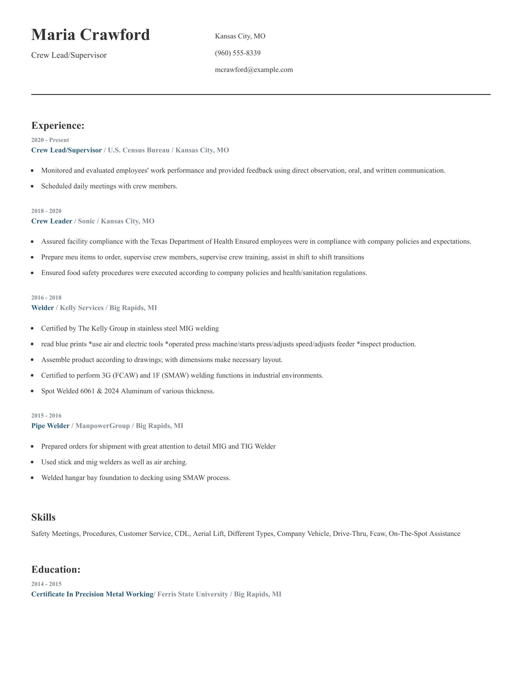 Crew Lead/Supervisor resume example