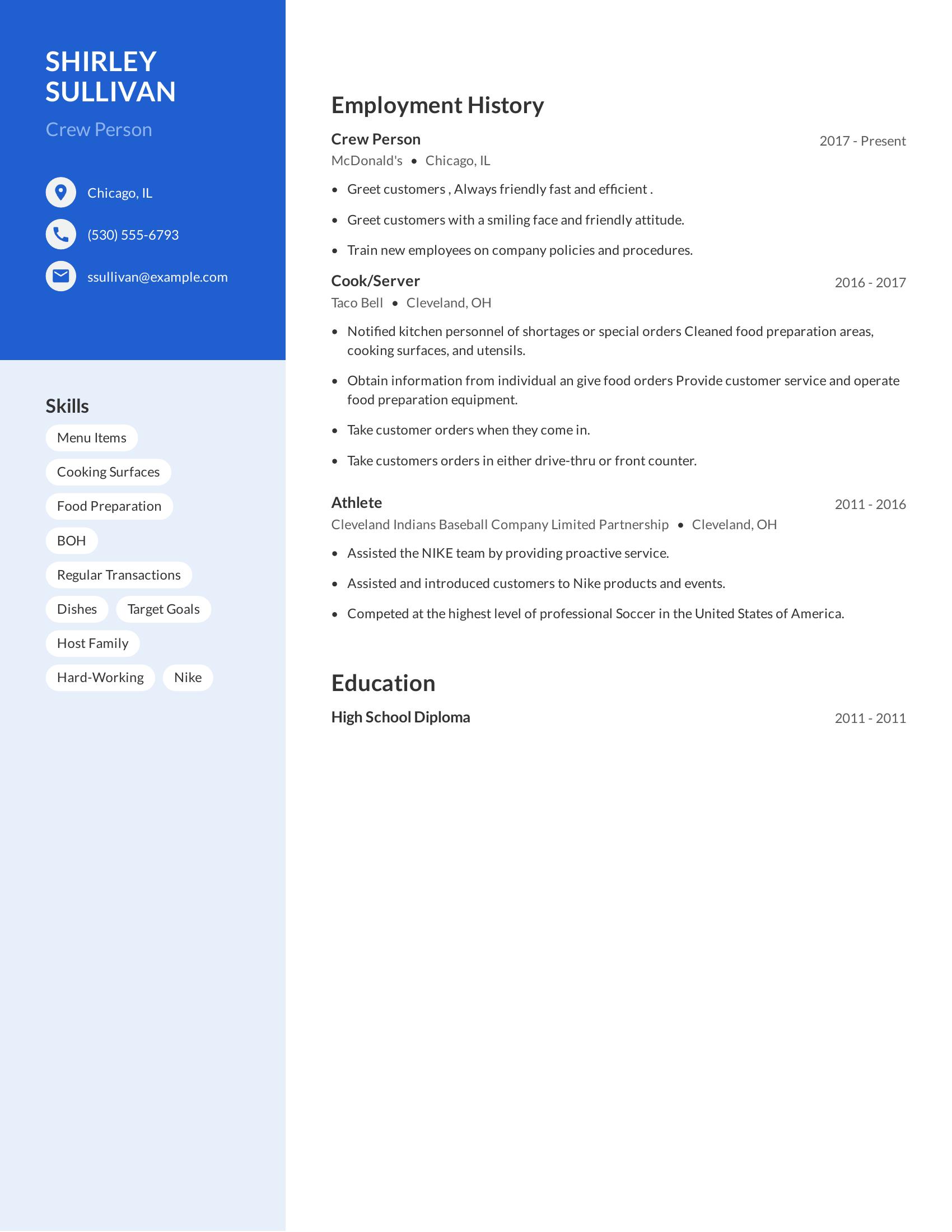 Crew Person resume example