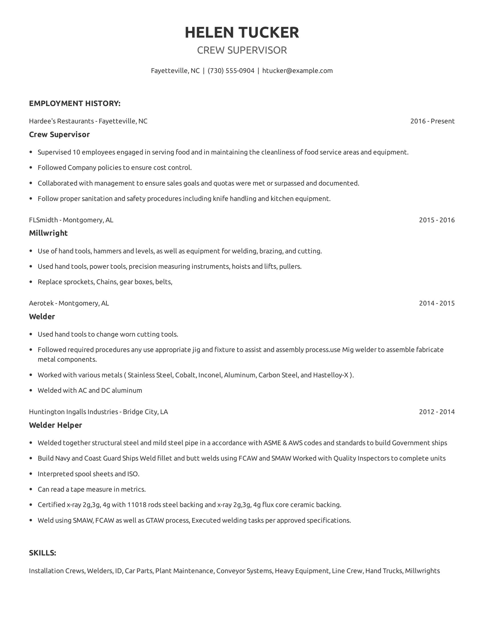 Crew Supervisor resume example