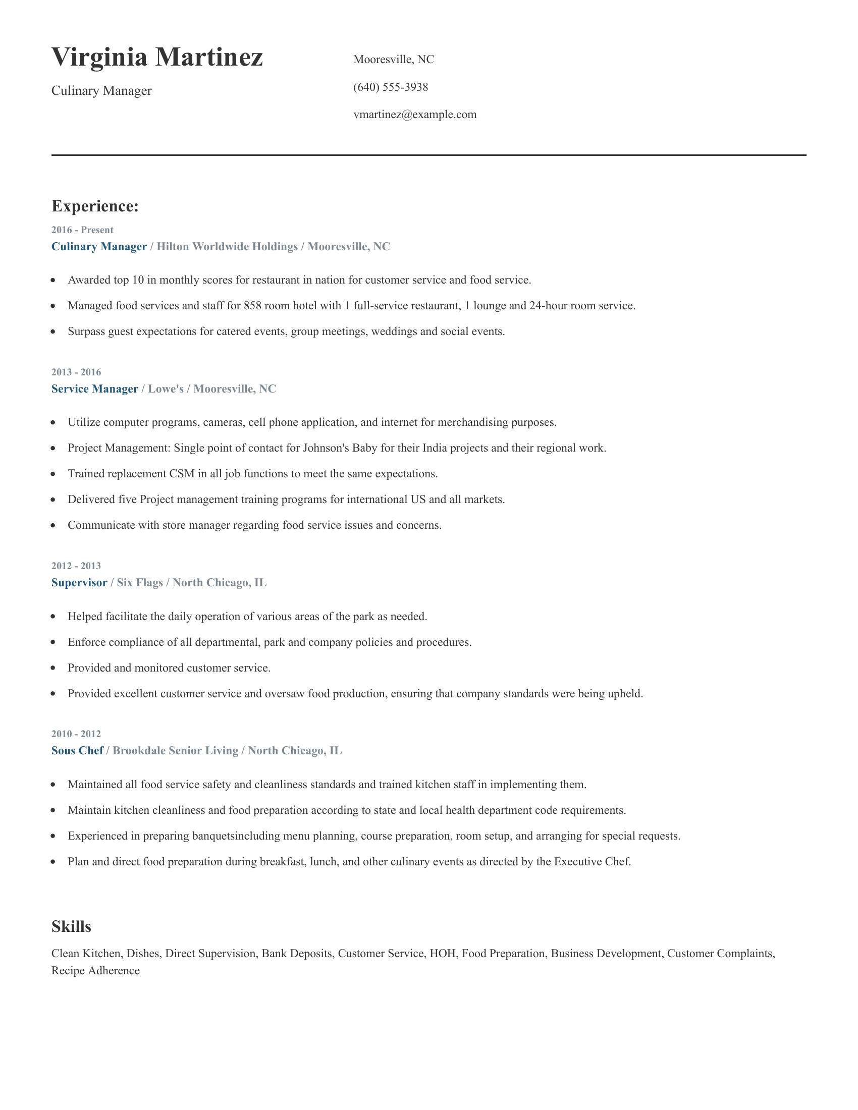 Culinary Manager resume example