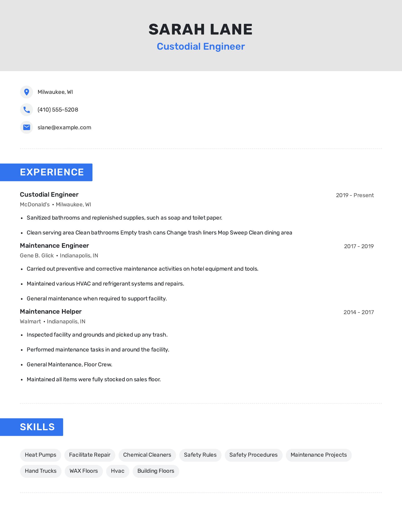 Custodial Engineer resume example