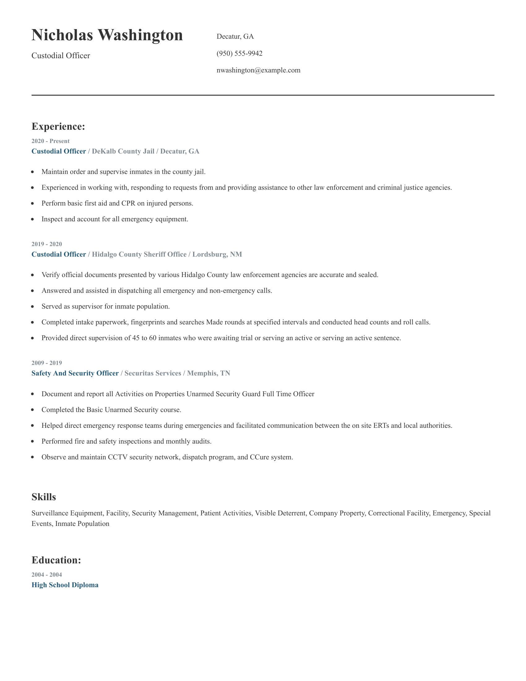 Custodial Officer resume example