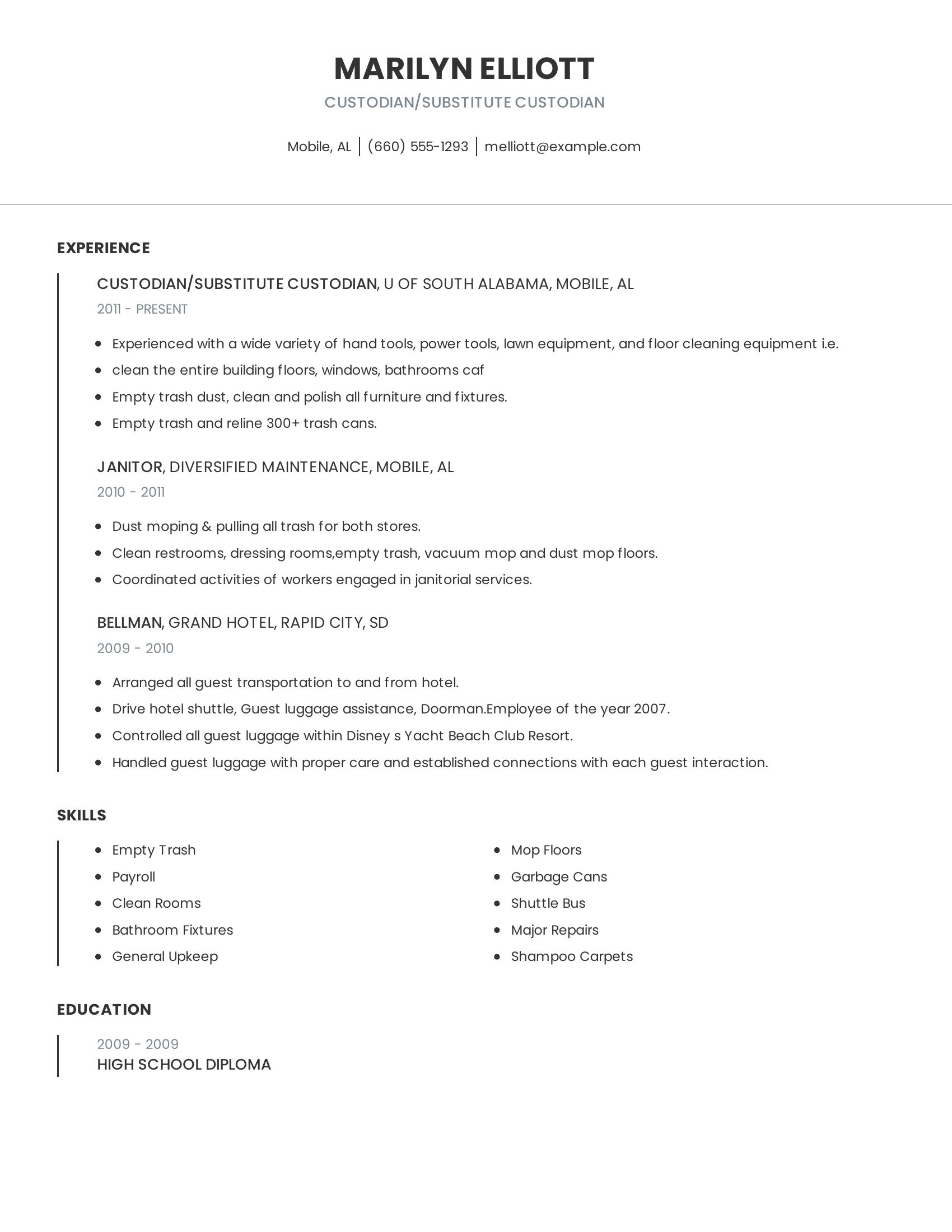 Custodian/Substitute Custodian resume example