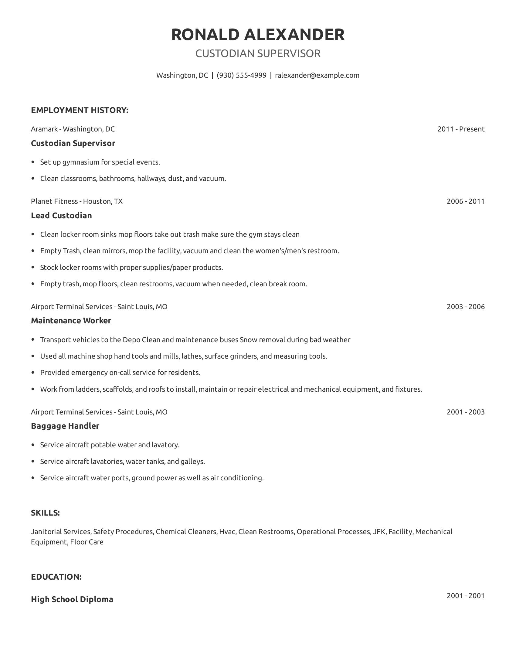 Custodian Supervisor resume example