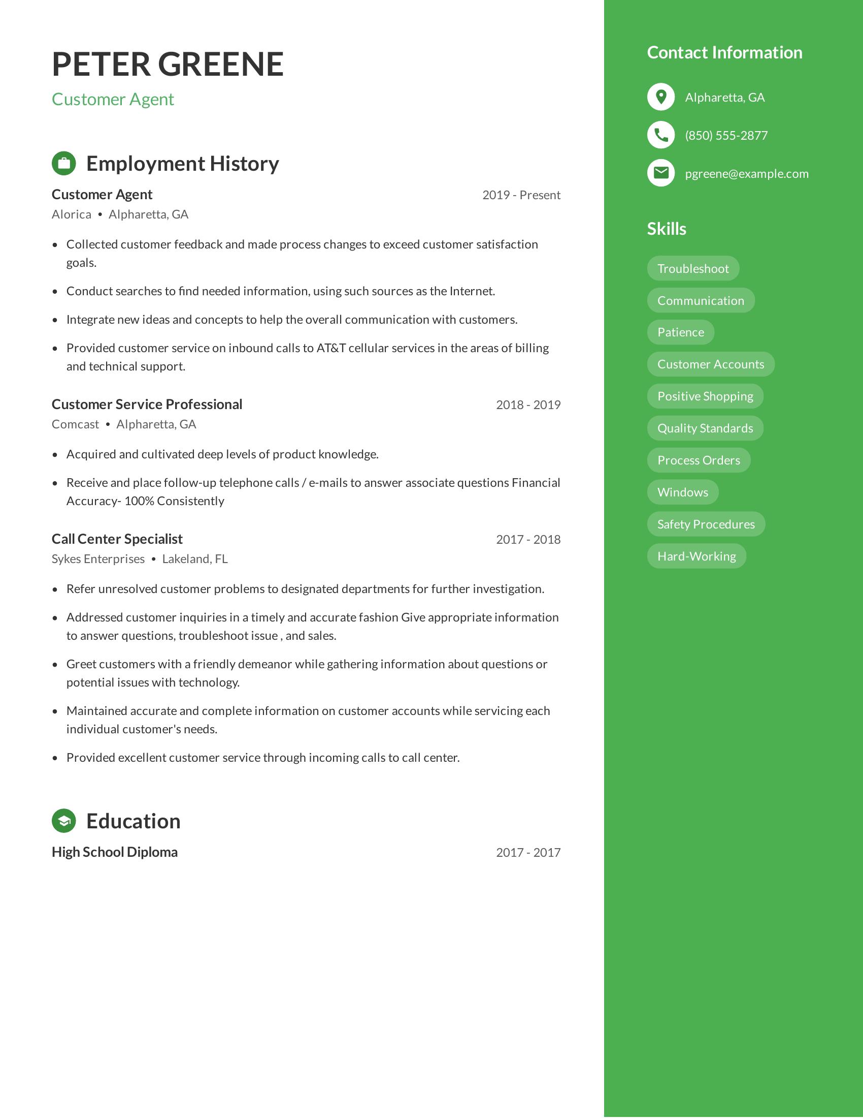 Customer Agent resume example