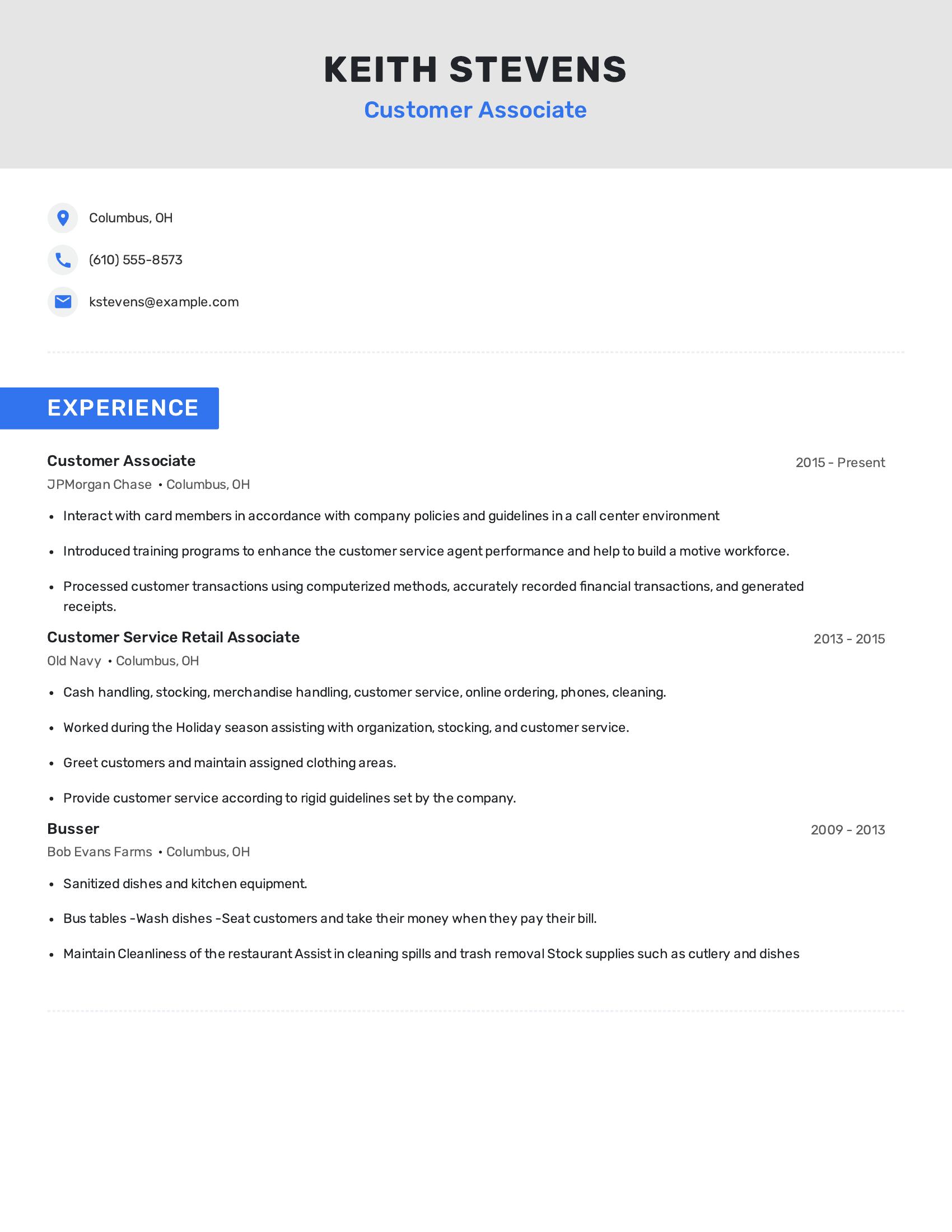 Customer Associate resume example