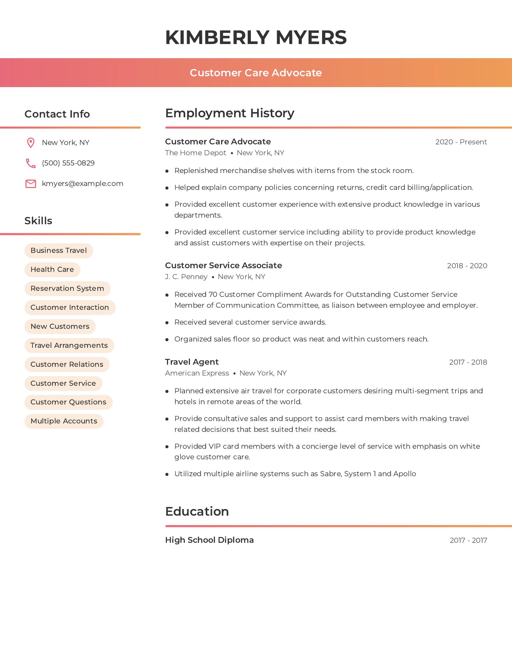 Customer Care Advocate resume example