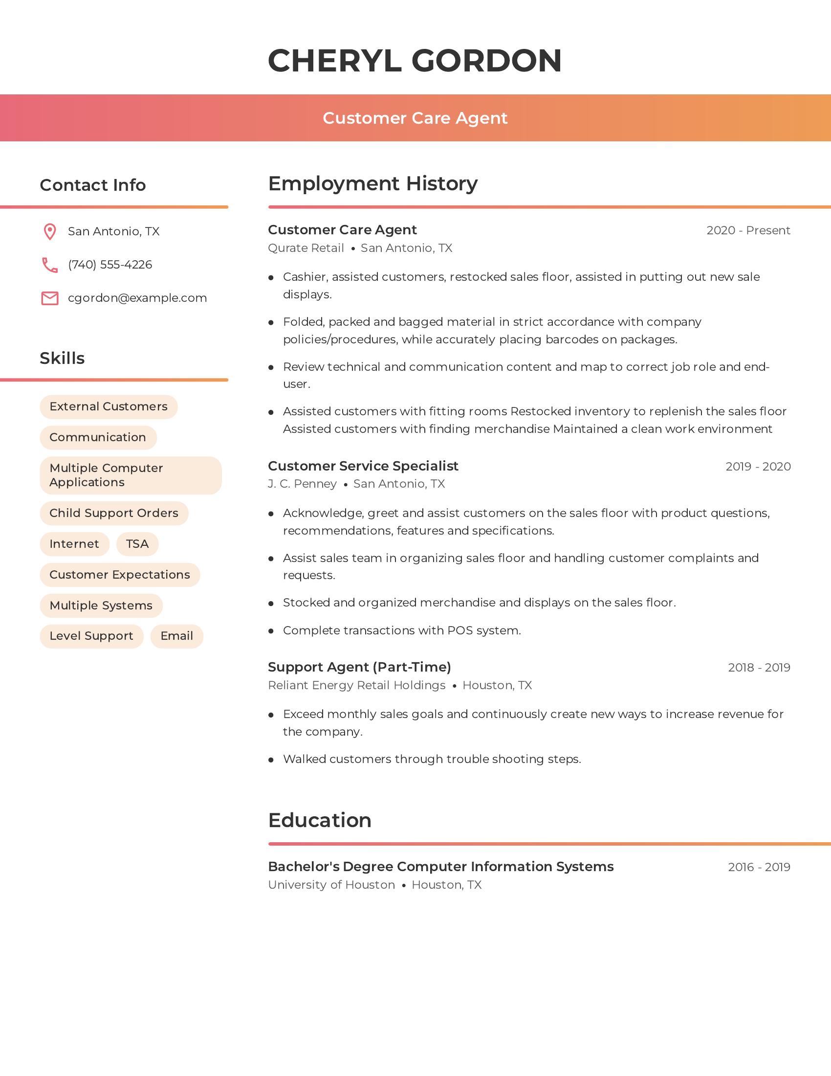 Customer Care Agent resume example