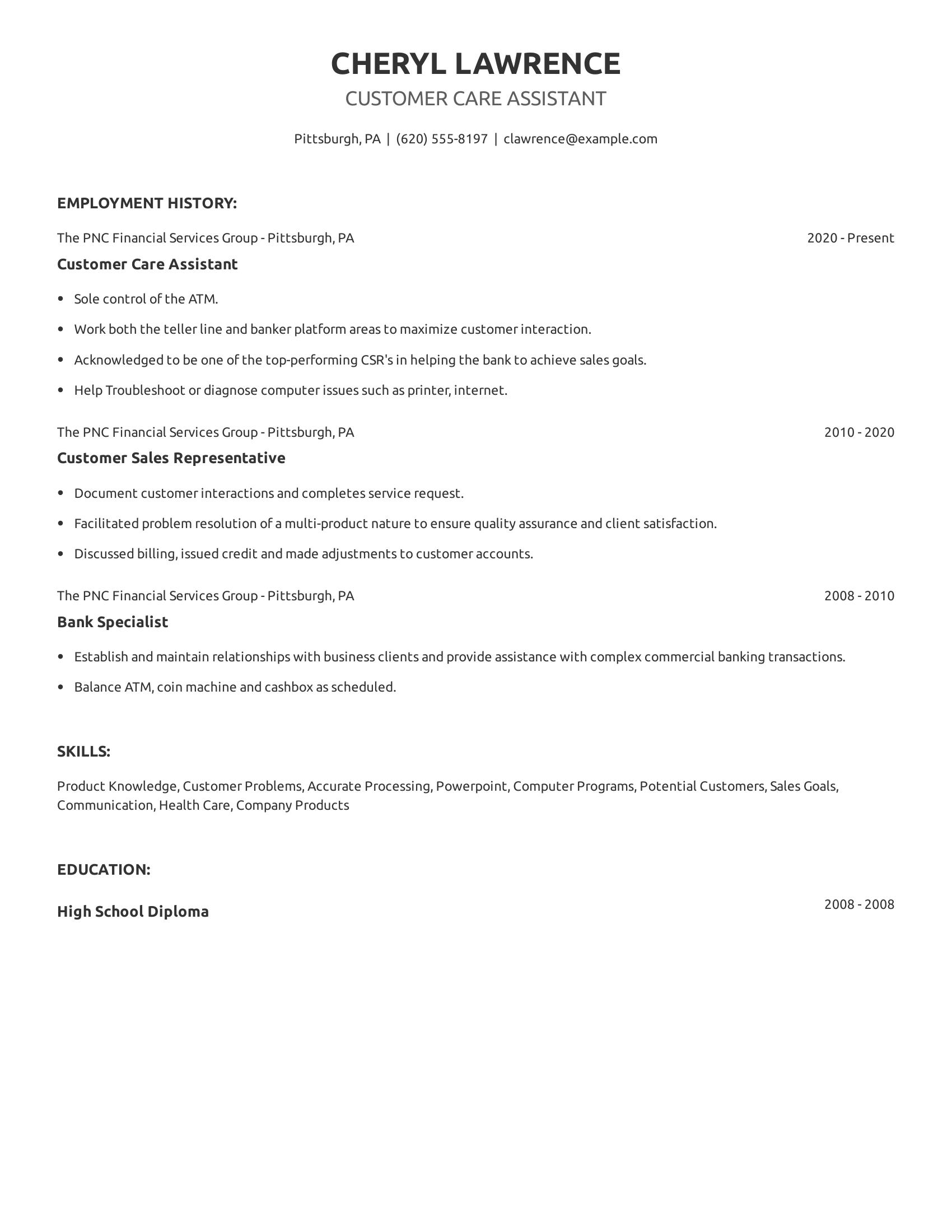 Customer Care Assistant resume example