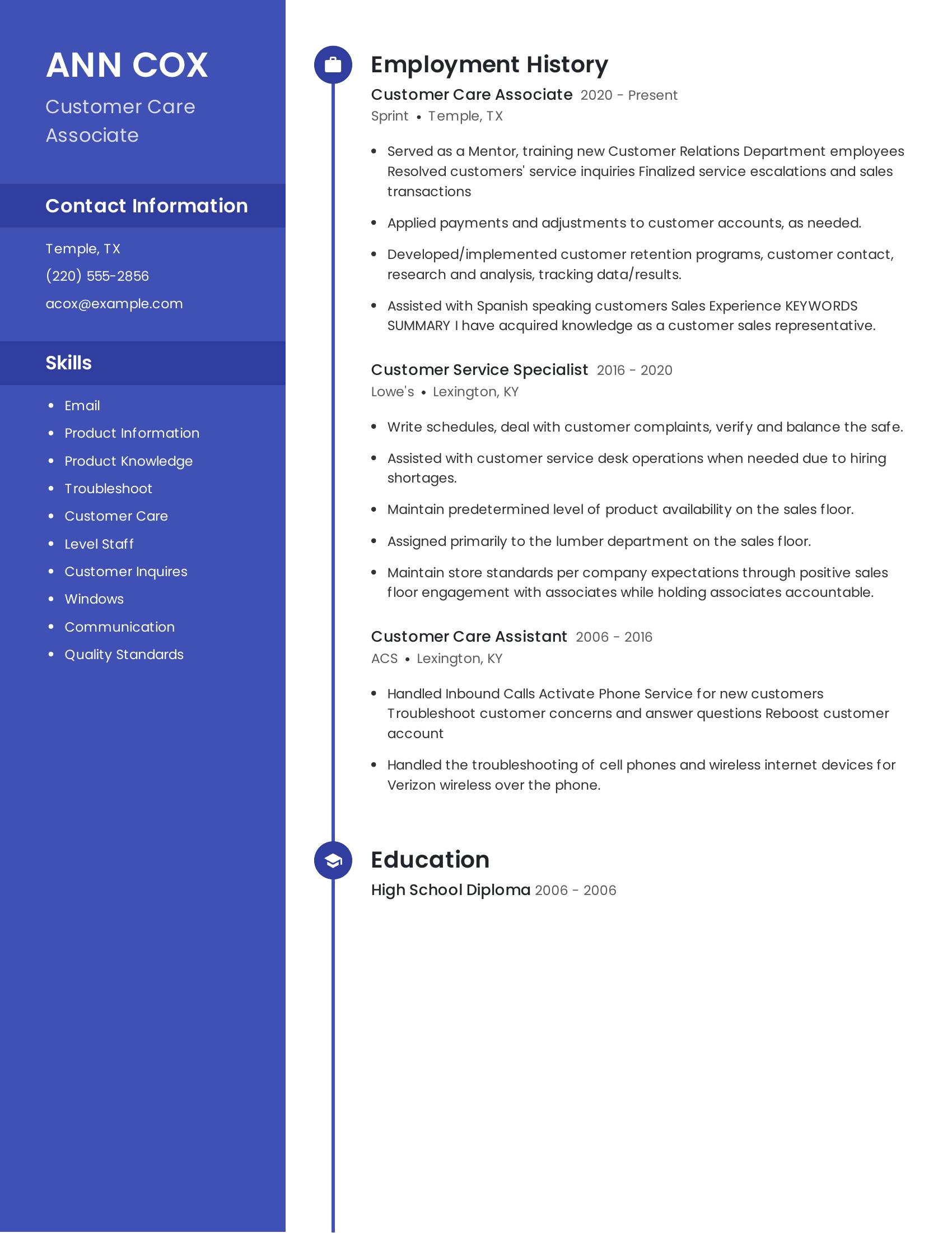Customer Care Associate resume example