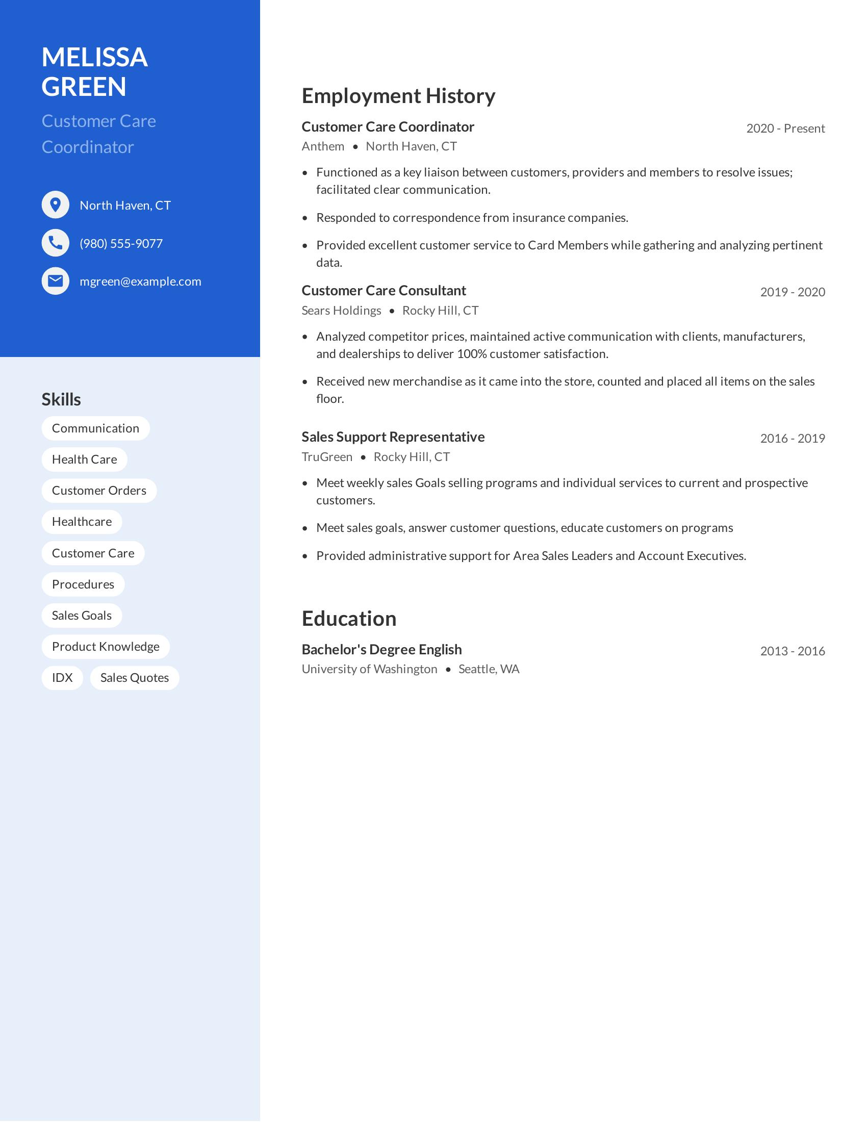 Customer Care Coordinator resume example