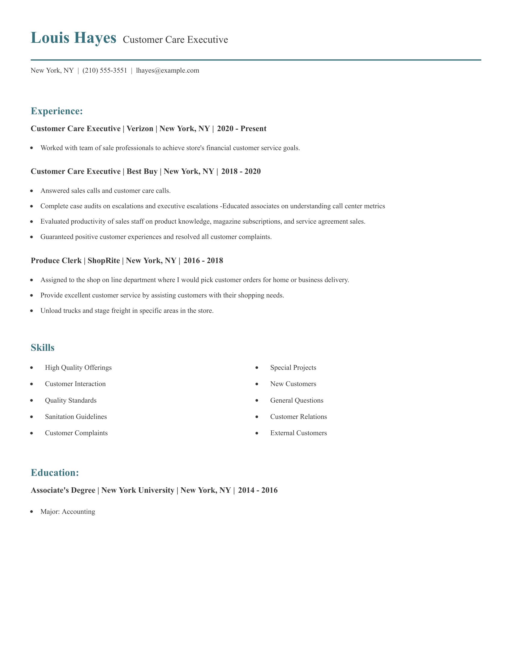 Customer Care Executive resume example