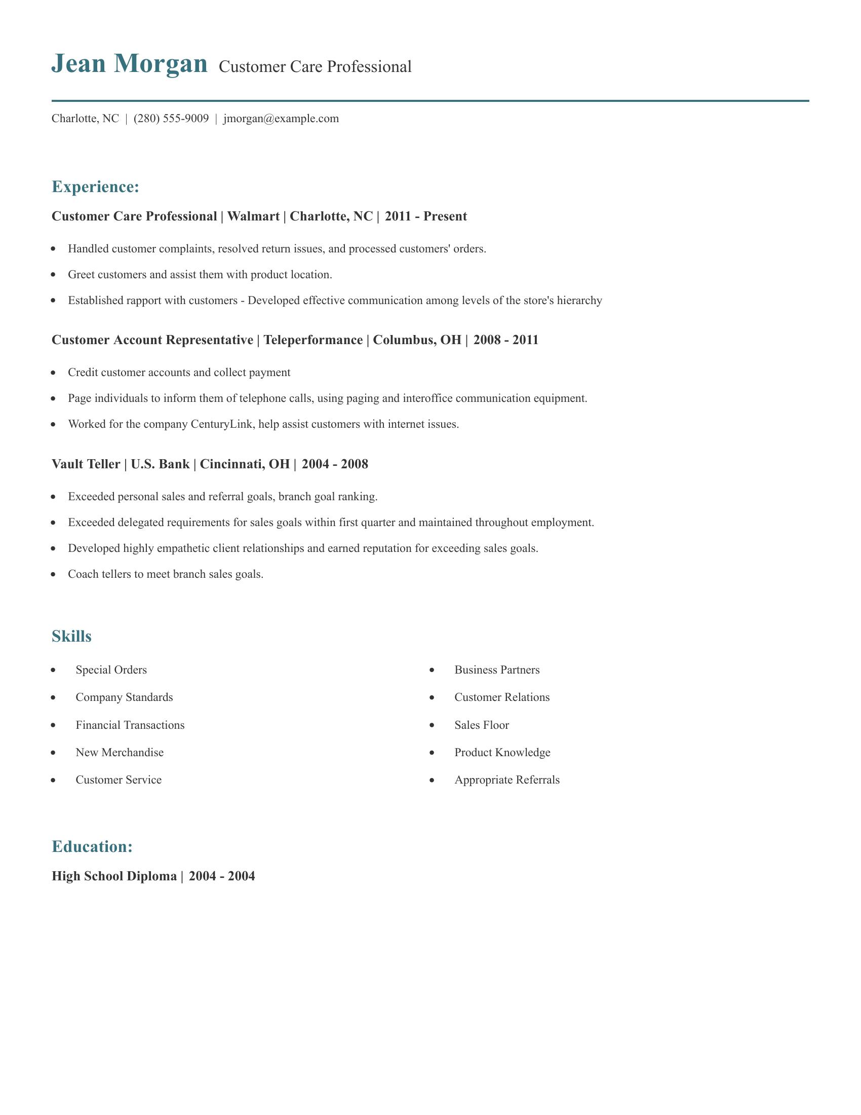 Customer Care Professional resume example